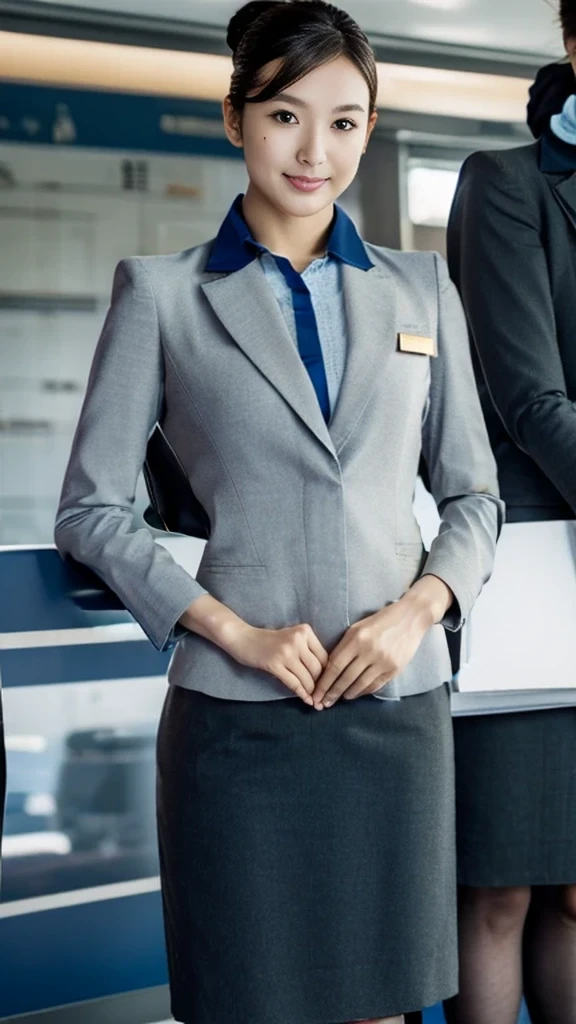 looking at viewer, Japanese female,Age: 20 age_old, light brown hair, chignon , mole under , fringe, little smile, (middle breasts, slender whist, middle hip ,beautiful pussy, beautiful anal, public hair) standing , Navy blue Flight attendant uniform, Navy blue,  long pencil skirt , blue scarf ,black stocking, black heals, 1 bag, lady's watch,  on airport , UHD, accurate, anatomically correct, textured skin, super detail, high details, high quality, best quality, 4K