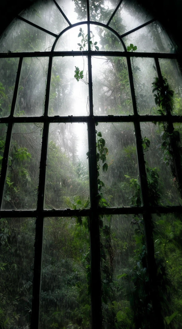 a view of a window with a view of a forest through it, nature taking over, window ( rain ), natural prison light, inside on a rainy day, rainy window, nature overgrowth, connected to nature via vines, overgrown with vines, verdant and lush and overgrown, an overgrown, melting and dripping. eerie, overgrown with plants