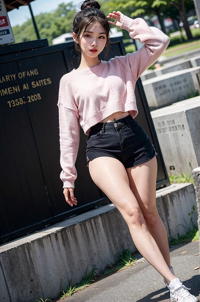 1woman, woman, asian woman, woman, hot woman, asian/Philippines model, beautiful, model, sport shorts, girly shorts, running shorts, casual woman shorts, sweater, cute female sweater, sweater, great figure, perfect proportions, black hair, long black hair, long  beautiful hair, bunn in hair, hairbun, hairbun for woman, messy hair bun, messy hair bun, white eyes, perfect beautiful white eyes, detailed white eyes, majestic woman great figure, asian/Philippines, asian woman, light pink lipstick, perfect face, cemeterial face, great body, beautiful body perfect face with white eyes black hair light pink lipstick asian/Philippines,casual clothes, sport shorts, girly shorts, running shorts, casual woman shorts, sweater, cute female sweater, sweater, asian woman, (Thick body, great figure) BREAK highly realistic, perfect image, realistic image, photorealistic, real image, real photo 8k image, high-resolution. [perfect hands, perfect legs, perfect proportions, perfect face, woman] asian woman, beautiful asian woman

