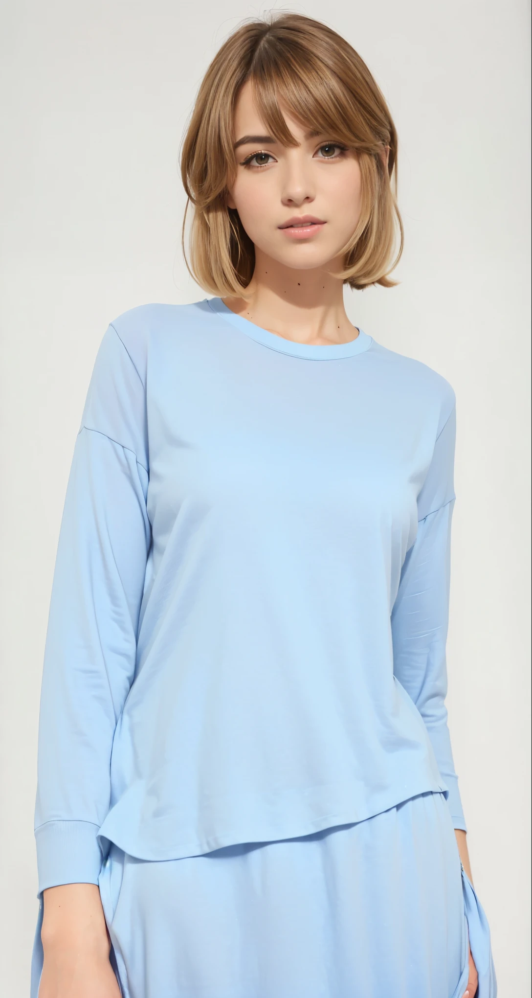 a woman in a moleton azul and grey pants poses for a picture, moleton azul, azul claro, azul claro, Manga compridas, azul pastel, camisa azul, roupas azuis, wearing a light camisa azul, pale blue, blue sky, Roupas pastel, azul claro colors, roupas azuis, camisa longa, camiseta azul apertada, Manga comprida, blue tunic, Roupas casuais modernas