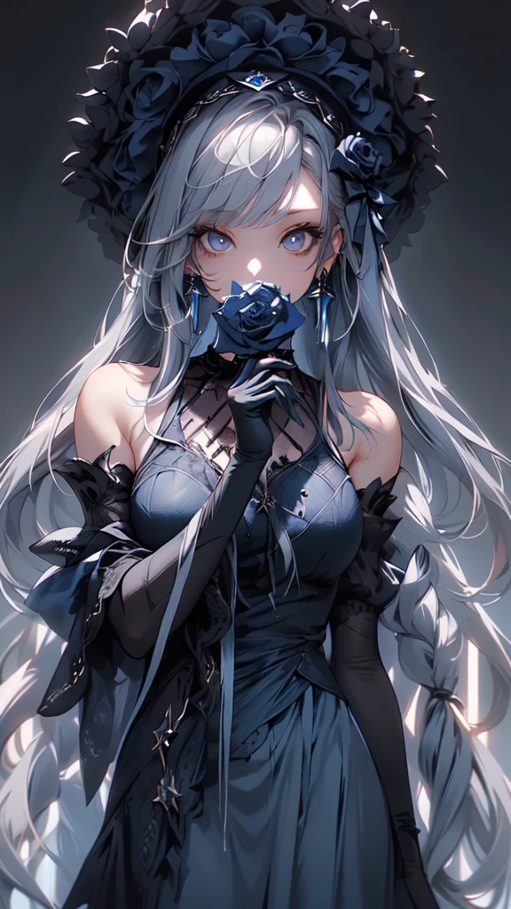 (masterpiece:1.2), highest quality, 1 female, alone, long long gray hair, very long hair, bangs, (dark blue background:1.4), dark blue eyes, black bonnet with dark blue rose decoration, black gothic dress