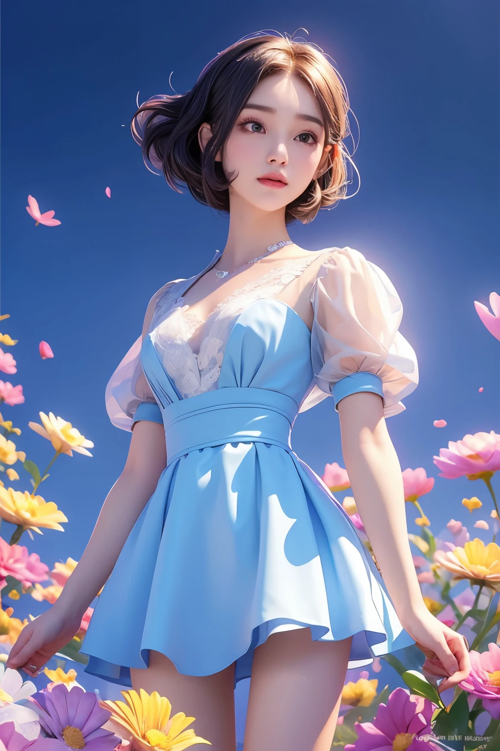 movie 사진 솔로,1 woman,,BJ_Alice,lace-trimmed_skirt,two tone_legwear, Neat short sleeve dress, flat chest,(colored hair:0.1),The beauty stands on the flowers,The facial details are perfect.,Wow, the character details are so nice.,trendy portrait,bright colors,clean background,Panorama,large aperture,pop mart production,delicate luster,8K gradient translucent glass melt,frosted glass,masterpiece, best quality,, hyperreal,realistic,16,000,high detail,high resolution . 35mm photo, movie, bokeh, professional, 4K, very detailed