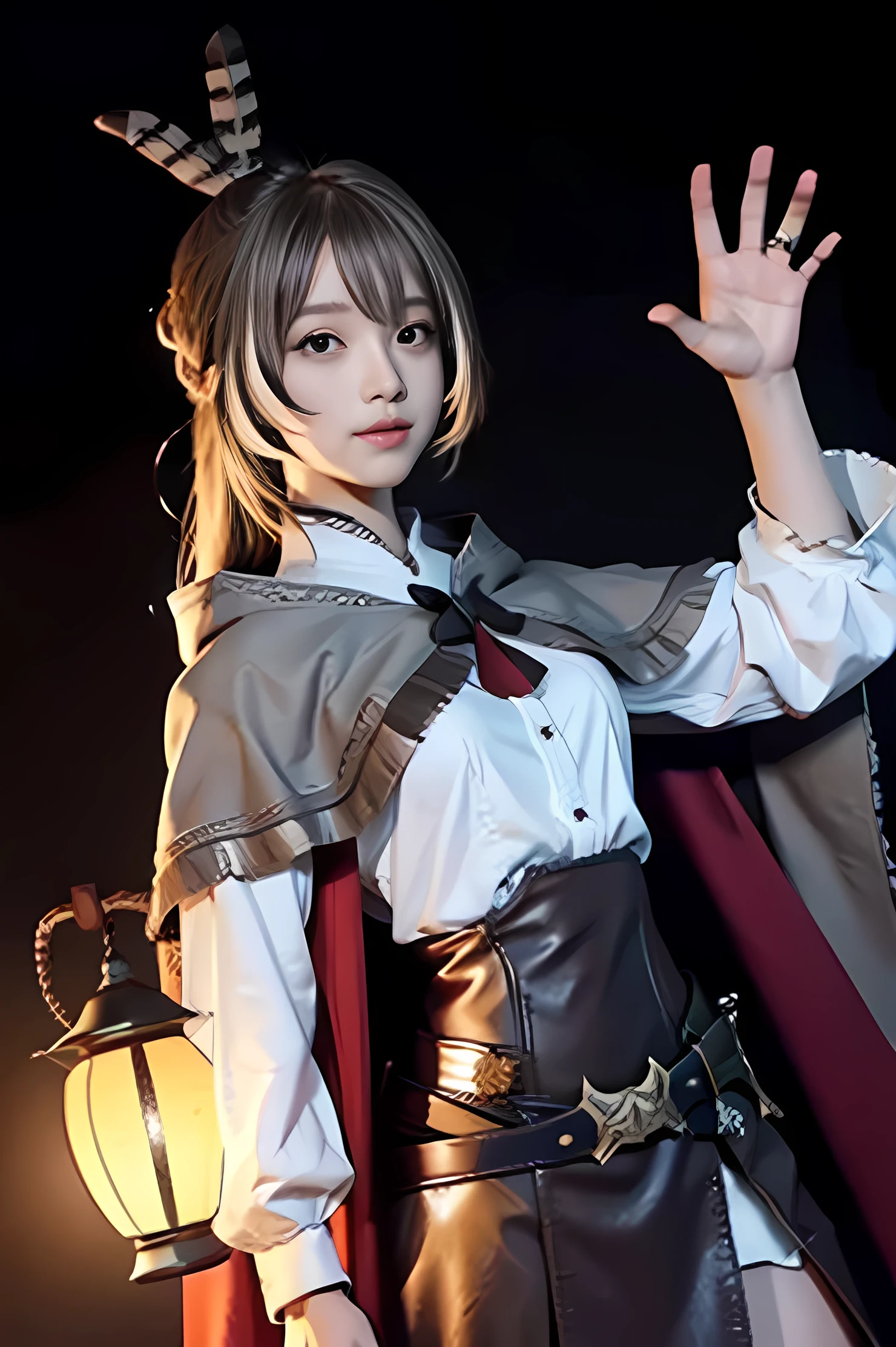 rating_safe, beautiful, nanashi_mumei, solo, looking at viewer, long hair, very long hair, smile, default_outfit, cape, weapon, knife, dagger, holding lantern, waving at viewer, hand on hip, score_9, score_8_up, score_7_up, score_6_up, score_5_up, score_4_up