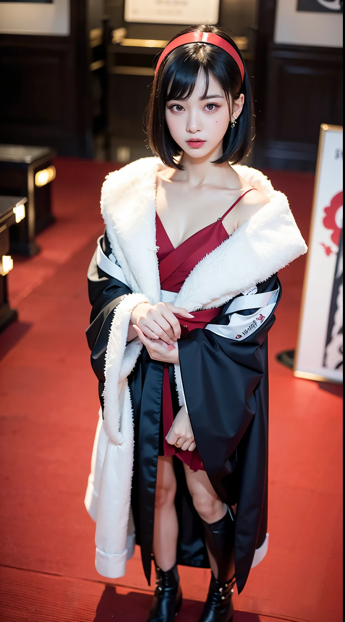 ulzzang-6500-v1.1, (RAW Photos:1.2), (Photorealistic), (Genuine:1.4), (Pieces fly), Elegant woman with a perfect figure: 1.3, Jet Black Hair、((Straight bob hair with neatly cut ends、bangs、Red Hairband))、(Wearing a deep purple furisode with an elegant pattern)、Standing with folding fan closed、Majestic Hall々, (A look full of murderous intent:1.2)、 Highly detailed face and skin, Fine Eyes, double eyelid, ((Full Body Shot:1.14))、Wear short boots、
