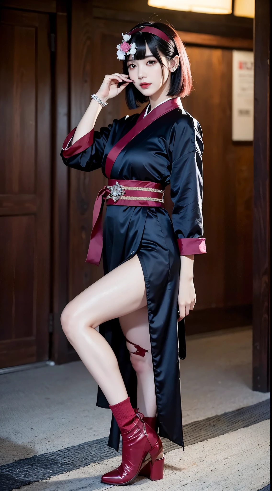 ulzzang-6500-v1.1, (RAW Photos:1.2), (Photorealistic), (Genuine:1.4), (Pieces fly), Elegant woman with a perfect figure: 1.3, Jet Black Hair、((Straight bob hair with neatly cut ends、bangs、Red Hairband))、(Wearing a deep purple furisode with an elegant pattern)、Standing with folding fan closed、Majestic Hall々, (A look full of murderous intent:1.2)、 Highly detailed face and skin, Fine Eyes, double eyelid, ((Full Body Shot:1.14))、Wear short boots、
