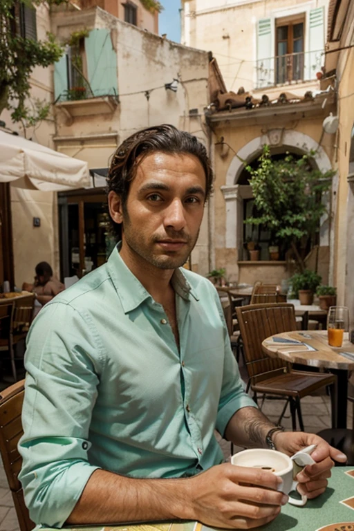 35 year old Mediterranean green eyed man on the terrace of a café drinking a spritz 