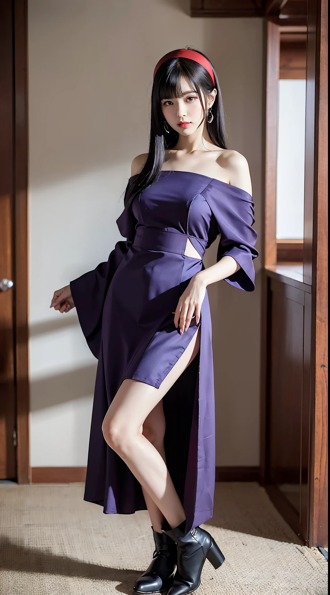 ulzzang-6500-v1.1, (RAW Photos:1.2), (Photorealistic), (Genuine:1.4), ((masterpiece)), Elegant woman with a perfect figure: 1.3, Jet Black Hair、((Straight bob hair with neatly cut ends、bangs、Red Hairband))、(Wearing a deep purple furisode with an elegant pattern)、Standing with folding fan closed、Majestic Hall々, (A look full of murderous intent:1.2)、 Highly detailed face and skin, Fine Eyes, double eyelid,  ((Full Body Shot:1.14))、Wear short boots、