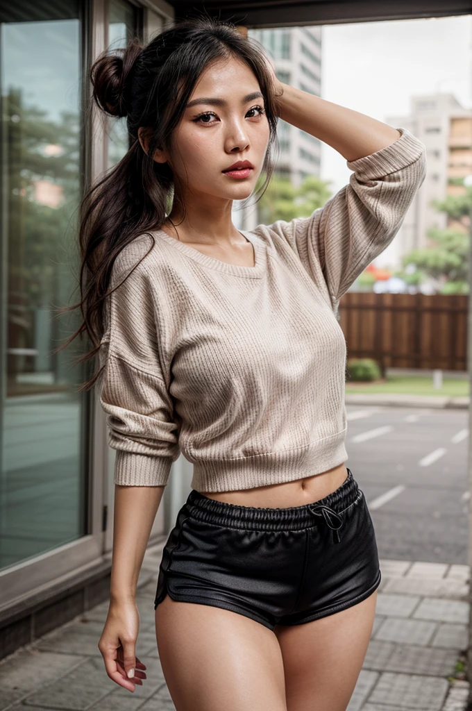 1woman, woman, asian woman, woman, hot woman, asian/Philippines model, beautiful, model, sport shorts, girly shorts, running shorts, casual woman shorts, sweater, cute female sweater, sweater, great figure, perfect proportions, black hair, long black hair, long beautiful hair, bunn in hair, hairbun, hairbun for woman, messy hair bun, messy hair bun, white eyes, perfect beautiful white eyes, detailed white eyes, majestic woman great figure, asian/Philippines, asian woman, light pink lipstick, perfect face, cemeterial face, great body, beautiful body perfect face with white eyes black hair light pink lipstick asian/Philippines,casual clothes, sport shorts, girly shorts, running shorts, casual woman shorts, sweater, cute female sweater, sweater, asian woman, (Thick body, great figure) BREAK highly realistic, perfect image, realistic image, photorealistic, real image, real photo 8k image, high-resolution. [perfect hands, perfect legs, perfect proportions, perfect face, woman] asian woman, beautiful asian woman (white eyes, beautiful white eyes, detailed white eyes) *black hair* *white eyes* *messy hairbun* *sportshorts for woman* *oversized sweater*
