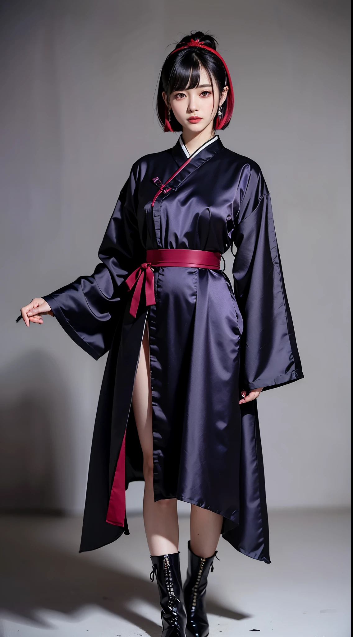 ulzzang-6500-v1.1, (RAW Photos:1.2), (Photorealistic), (Genuine:1.4), ((masterpiece)), Elegant woman with a perfect figure: 1.3, Jet Black Hair、((Straight bob hair with neatly cut ends、bangs、Red Hairband))、(Wearing a deep purple furisode with an elegant pattern)、Standing with folding fan closed、Majestic Hall々, (A look full of murderous intent:1.2)、 Highly detailed face and skin, Fine Eyes, double eyelid,  ((Full Body Shot:1.14))、Wear short boots、