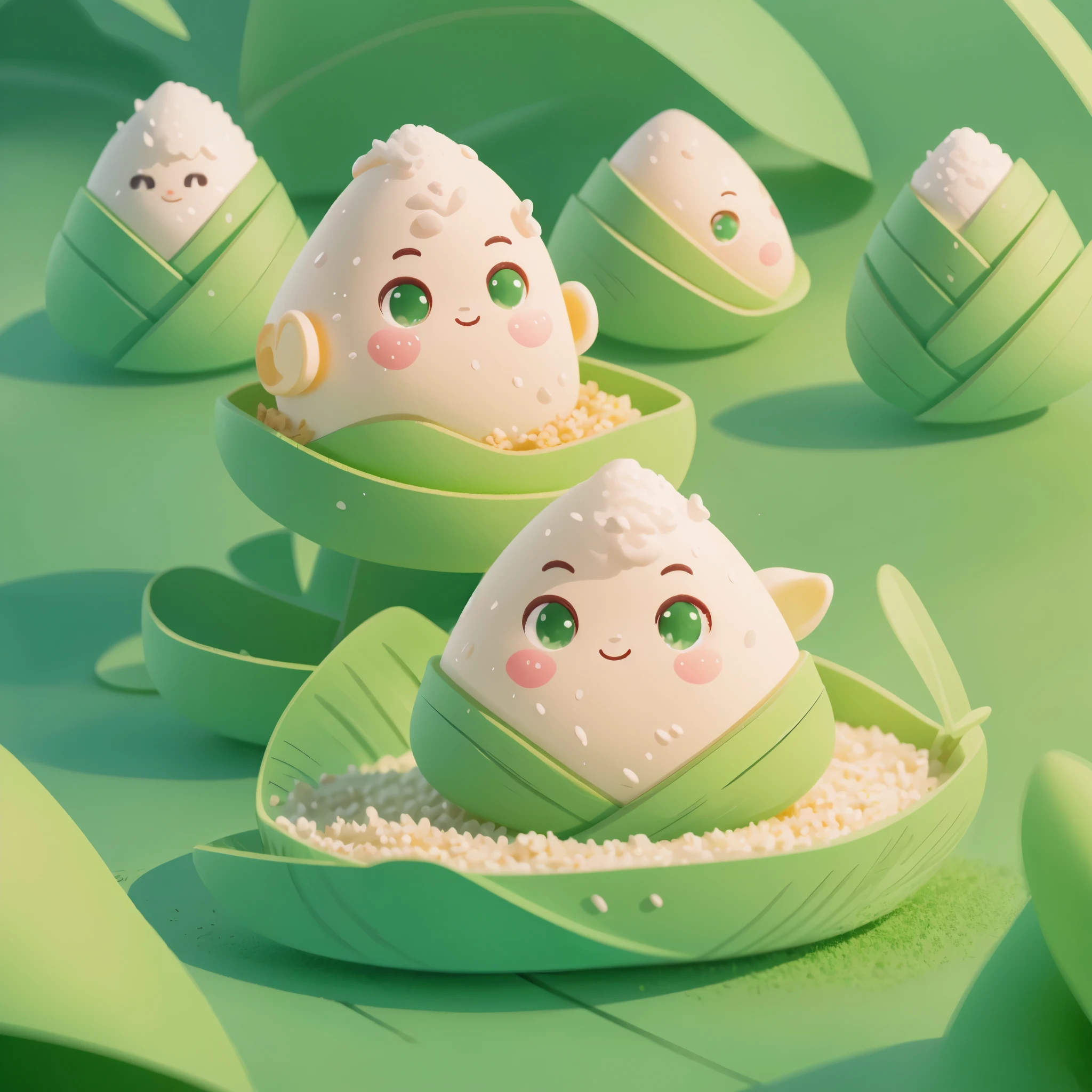 KAWAII 3D chibi Zongzi,Blind Box,one Chibi zongzi,a triangular green rice dumpling, different expressions,pop matt blind box toy, front view, clean background, natural light, ray tracing, 3d Rendering, C4D, Octane Rendering, Best Quality, Ultra High Detail