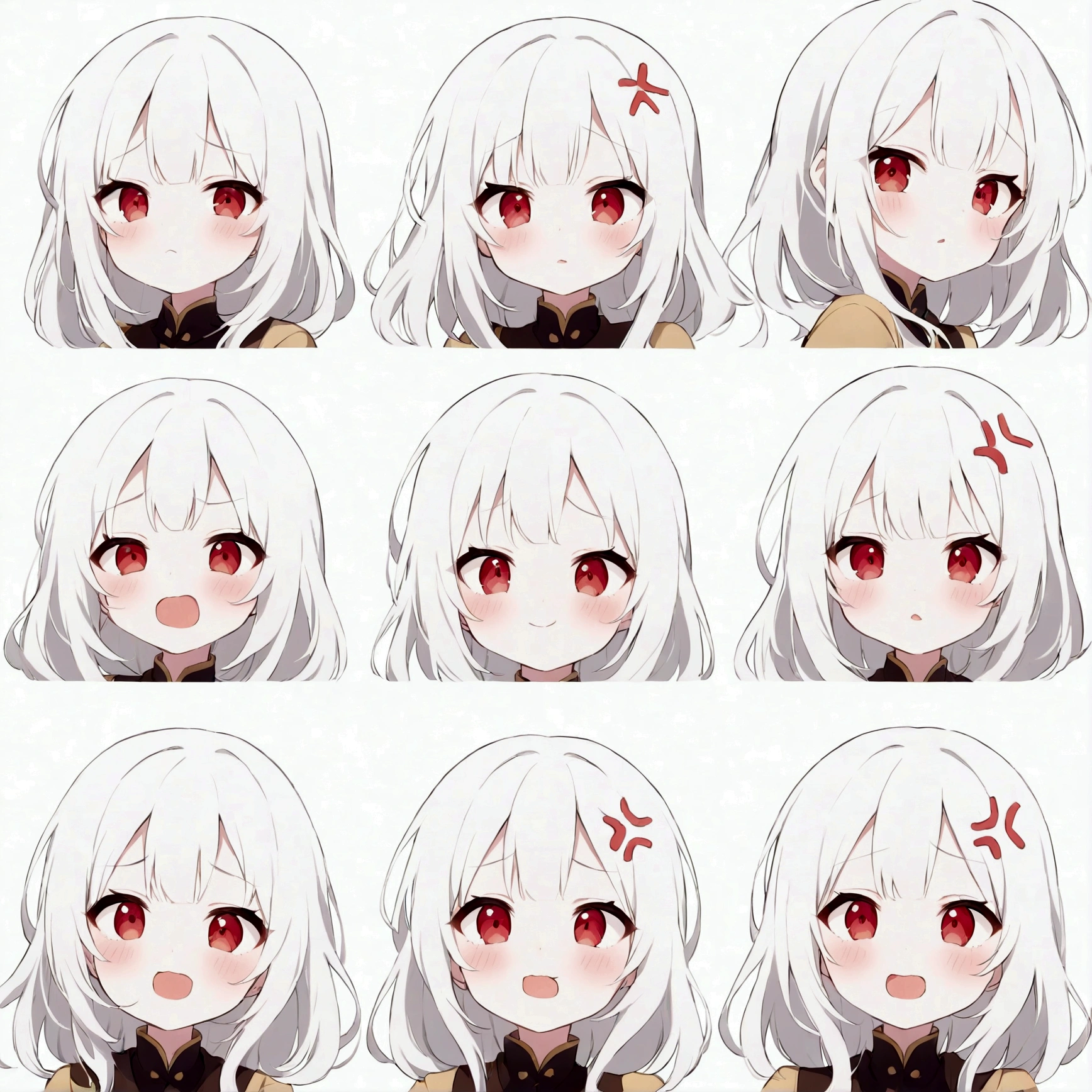 Cute kawaii style anime girl，White hair and red eyes cute style，Expressions and movements，Exaggerated movements，hapiness，anger，sad，surprise，hapiness等，Various emotions，White background，Q version，Nine-grid，Nine different expressions