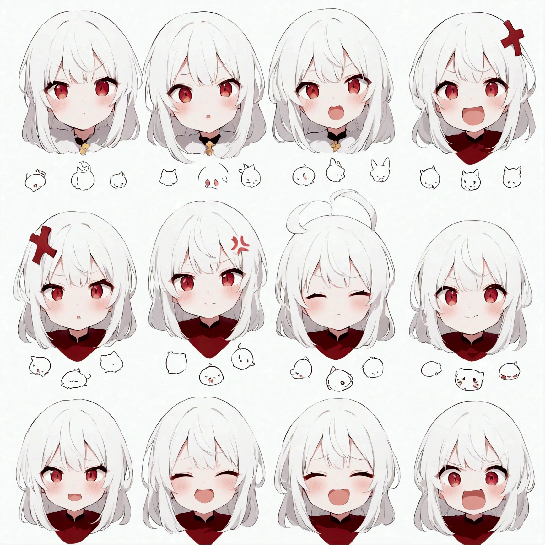 Cute kawaii style anime girl,White hair and red eyes cute style,Expressions and movements,Exaggerated movements,hapiness,anger,sad,surprise,hapiness等,Various emotions,White background,Q version,Nine-grid,Nine different expressions