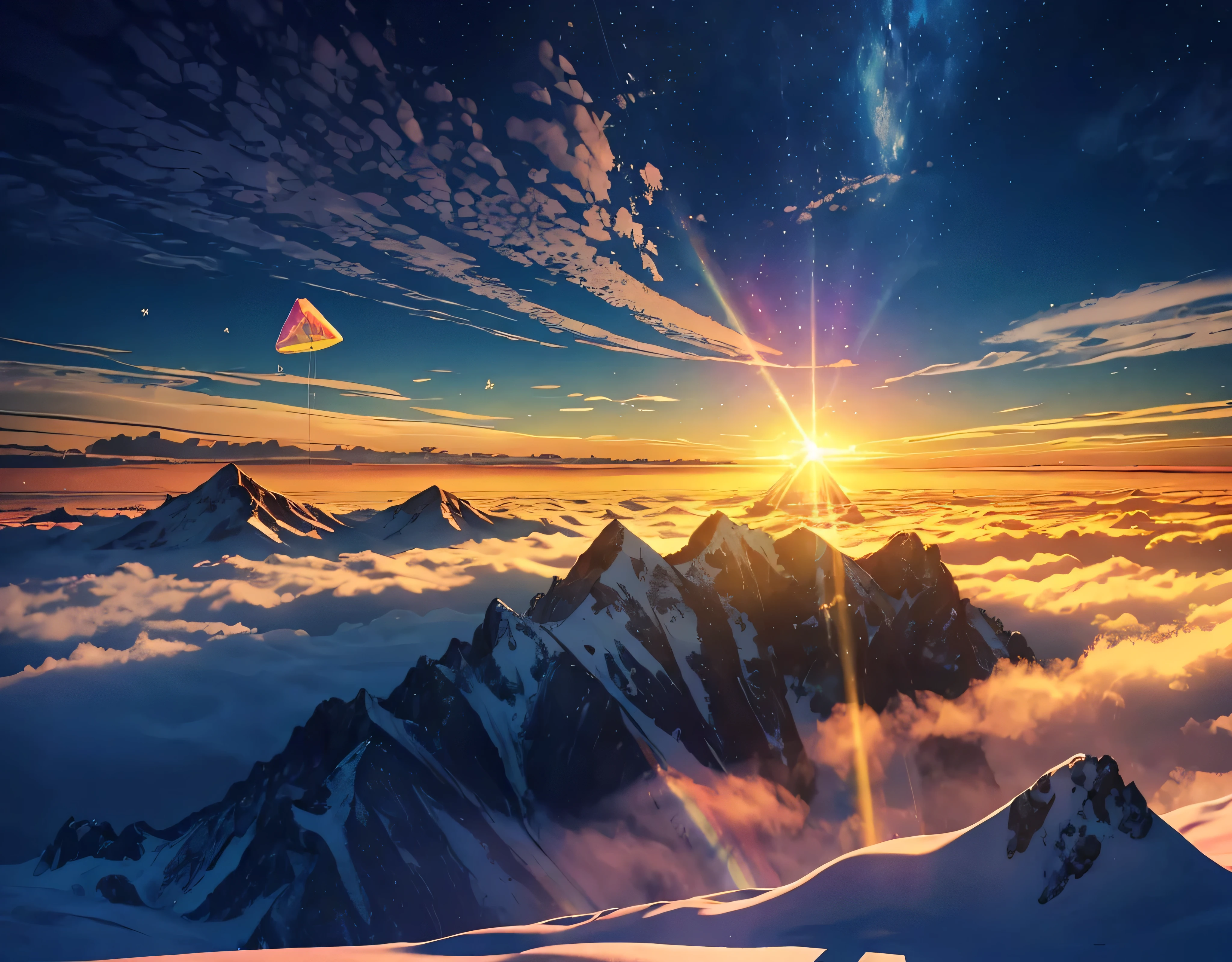 A single photo、A temple of the gods located at an altitude of 10,523m、A rainbow-colored halo appears around the sun!!、A fantastic view of the stars、The wind is blowing so hard that smoke is rising.、((Diamond dust flutters:1.4)).Diamond dust sparkles、Rugged Mountain々、Mountain々The light reflected on the lake surface between、Seven photos with beautiful contrasts of light、Magnificent sea of clouds、wood々、The mountain was covered with snow々、sunny、Lots of lens flares、The morning sun shines brightly、The morning sun shines brightly、(Ultra-realistic:1.2), High resolution, (Bright colors, High resolution:1.1), (Sharp focus:1.1), (Physically Based Rendering:1.1), Tyndall effect, Colorful lights, (((Light shines through the gaps in the clouds))), Beautiful perspective, Contrasting Shadows, Moving configuration, Realistic landscape, unique configuration, Soft texture, Intricate details, Mysterious atmosphere, An artistic exploration of light and shadow,Golden dazzling light、A world view that captivates all who see it、Fantasy World、Mountain close to space々Altitude 8253m 、Holy area、
