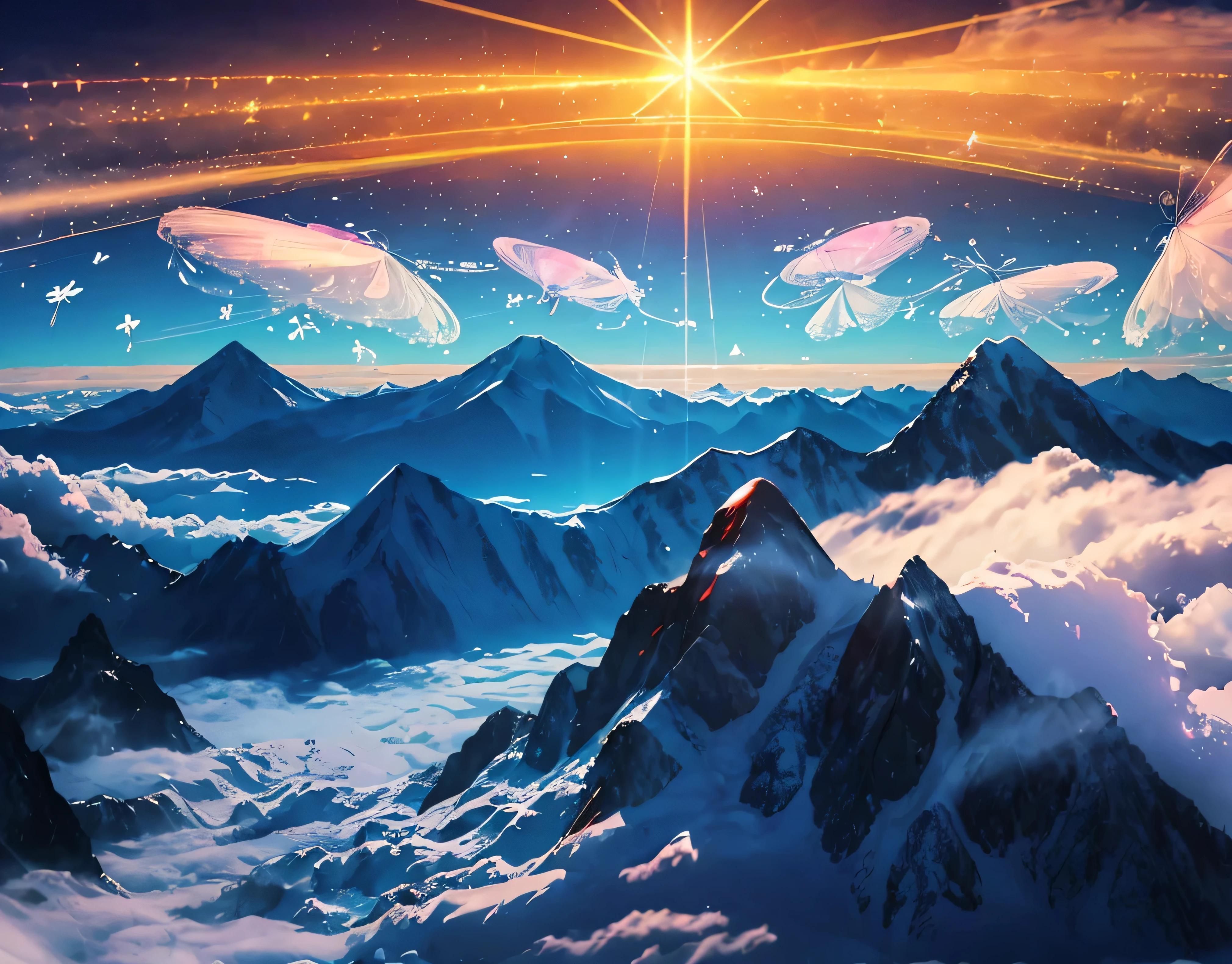 A single photo、A temple of the gods located at an altitude of 10,523m、A rainbow-colored halo appears around the sun!!、A fantastic view of the stars、The wind is blowing so hard that smoke is rising.、((Diamond dust flutters:1.4)).Diamond dust sparkles、Rugged Mountain々、Mountain々The light reflected on the lake surface between、Seven photos with beautiful contrasts of light、Magnificent sea of clouds、wood々、The mountain was covered with snow々、sunny、Lots of lens flares、The morning sun shines brightly、The morning sun shines brightly、(Ultra-realistic:1.2), High resolution, (Bright colors, High resolution:1.1), (Sharp focus:1.1), (Physically Based Rendering:1.1), Tyndall effect, Colorful lights, (((Light shines through the gaps in the clouds))), Beautiful perspective, Contrasting Shadows, Moving configuration, Realistic landscape, unique configuration, Soft texture, Intricate details, Mysterious atmosphere, An artistic exploration of light and shadow,Golden dazzling light、A world view that captivates all who see it、Fantasy World、Mountain close to space々Altitude 8253m 、Holy area、