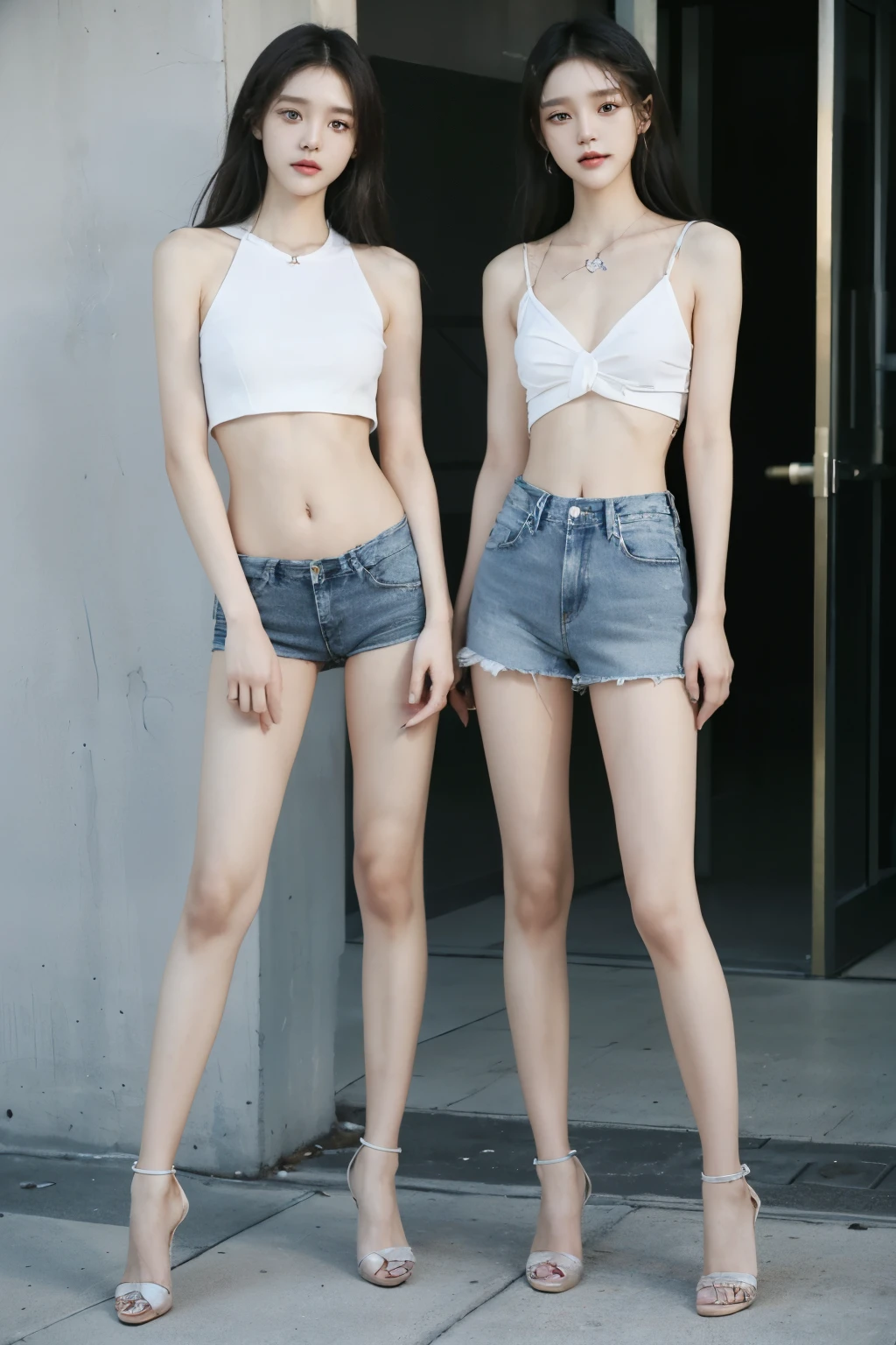 (8K、RAW photos、最high quality、masterpiece:1.5),((((The two stand:1.5)))),(((Both of them have pants that are longer than half their height..:1.2))),((Bare Legs)),((They are both very slim.))，((((These two girls look exactly like K-pop star Wonyoung:1.5)))),((Their legs are super thin.:1.2)),((Both are 173cm tall)),((They are both the same height)),((The two of them are supermodels: 1.2)),(((((Both of them took full-body photos: 1.8))))),(((You should both face forward with your entire body.:1.5))),((Low Angle:1.5)), Super slim waist: 1.2, Thin hips,open navel,完璧なSuper thin thighs: 1.2),(((They both have very slim figures..))),((Both of them are wearing transparent distressed denim micro .:1.3)),((Both are 18 years old)),(Both nipples are erect.:1.5), (((Both are extremely exposed.:1.5))),(No:1.5),(Nipple penetration:1.5),Highly detailed face and skin textures,Symmetrical face, beautiful eyes, Pretty Face,Balanced Eyes, Fair Asian skin, Ultra-realistic details, Natural shadows,(the buttocks are very small),Large, firm breasts, Extra long thighs,(Super thin thighs),(Super thin calves),((Small butt)),Super muscular body,Super tight waist,More focus on abdominal muscles，((They both have super strong abdominal muscles;1.3)),Super slim waist,((White high heels:1.3)),Lengthen your limbs,Taken from 25 cm above the ground:1.5,(((Standing on the sidewalk in front of a trendy upscale restaurant:1.5))),(Both of them wore shorts, transparent, White Mini Camisole:1.3), (((The abdomen is open:1.3))),hands on hips,Both of them face forward，Extra long arm,Thin Hands,(Black long hair),((They both stood up straight..)),(Keep your hips facing forward),Both of them are beautiful with 8 head to body ratio.,The ankles are thin,The arms are very slender，muscular,Super thin legs，muscular,Make your arms slimmer,Ultra Slender、muscular的双腿,Both of them have super long legs.,Thin mid-thigh,muscular且小腿非常纤细,Super muscles and slim thighs,Very tight waist,(Both of them have pants that are longer than half their height..Beautiful legs),The thighs are particularly thin,delicate skin,Firming skin,(((Both should fit from the top of the head to the toes of the heel..:1.5))),(((Both have))),她们俩都有Ultra Slender的肌肉腿.,((sunny afternoon:1.3)),midsummer:1.5,Glimpse of her white, Super detailed, High Detail, high quality, Awards,high resolution,((Anatomically correct)),((((((Eyes that move))))))