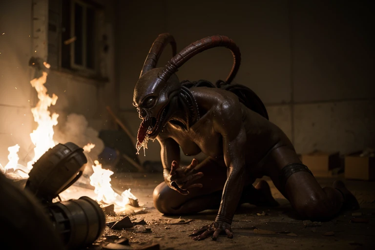 Alien from anien vs predator in a dark flickering hone depot asle ripping a small person in half while eating his arm