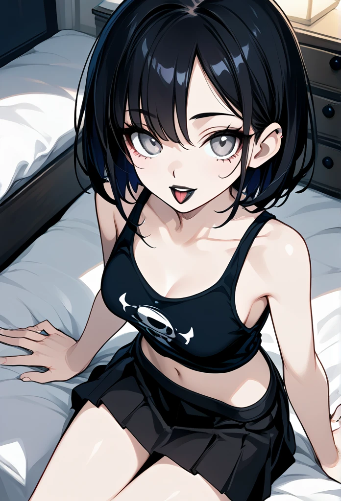 mature woman, goth, hot face, black lipstick, tongue out, cold expression, hot face, sharp eyes, gray eyes, short hair, black hair, slim body, medium breast, sitting on bed, above view, apartment room, dimly lit room, dark room, night time, looking up at viewer, (short skirt, tank top, midriff, black clothes)
