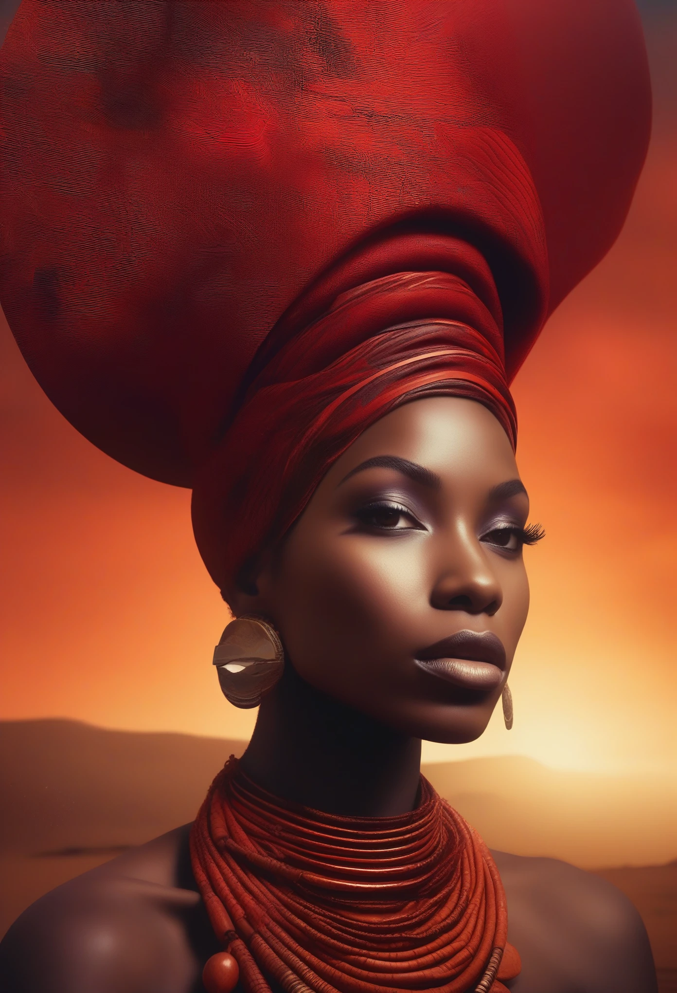 Surrealist picture, visually striking photographic art, eerie art, slightly disturbing, hyper-detailed, 8k, a woman in a red dress with a big hat on her head, beautiful futuristic Himba woman, Futuristic Himba young woman, African Queen, John Alexander, African woman, beautiful surreal portrait, inspired by Igor Moschi, surreal art, afrofuturistic style, afrofuturism, african fractals, future Pashimba Girl, Surreal Portrait, Afrofuturism