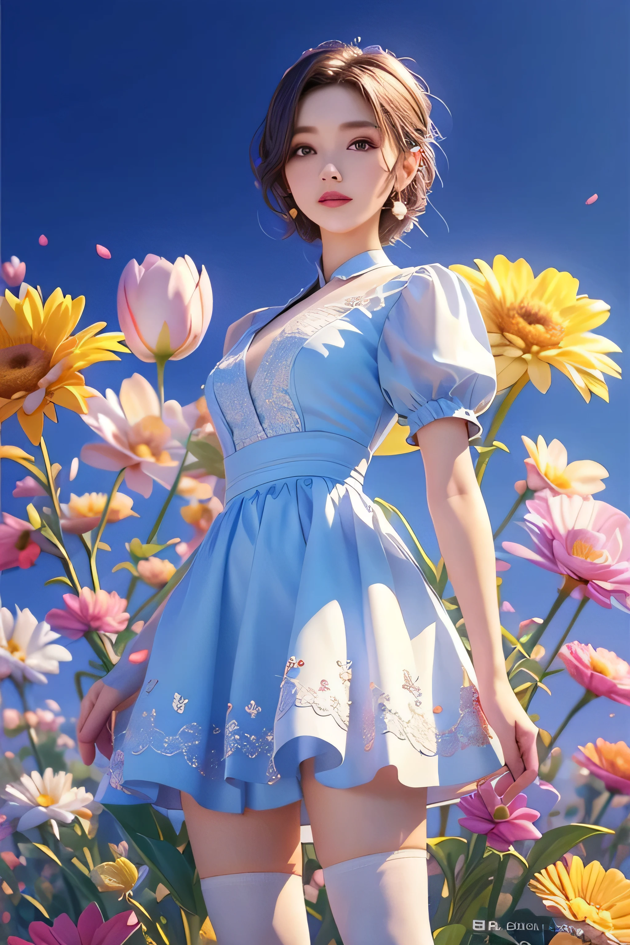 movie 사진 솔로,1 woman,,BJ_Alice,lace-trimmed_skirt,two tone_legwear, Neat short sleeve dress, flat chest,(colored hair:0.1),beauty stands on flowers,The facial details are perfect..,wow, I really like the character details..,trendy portrait,bright colors,clean background,panorama,large aperture,pop mart production,delicate luster,8K gradient translucent glass melt,frosted glass,masterpiece, best quality,, 초realistic,realistic,16,000,high detail,high resolution . 35mm photo, movie, bokeh, professional, 4K, very detailed