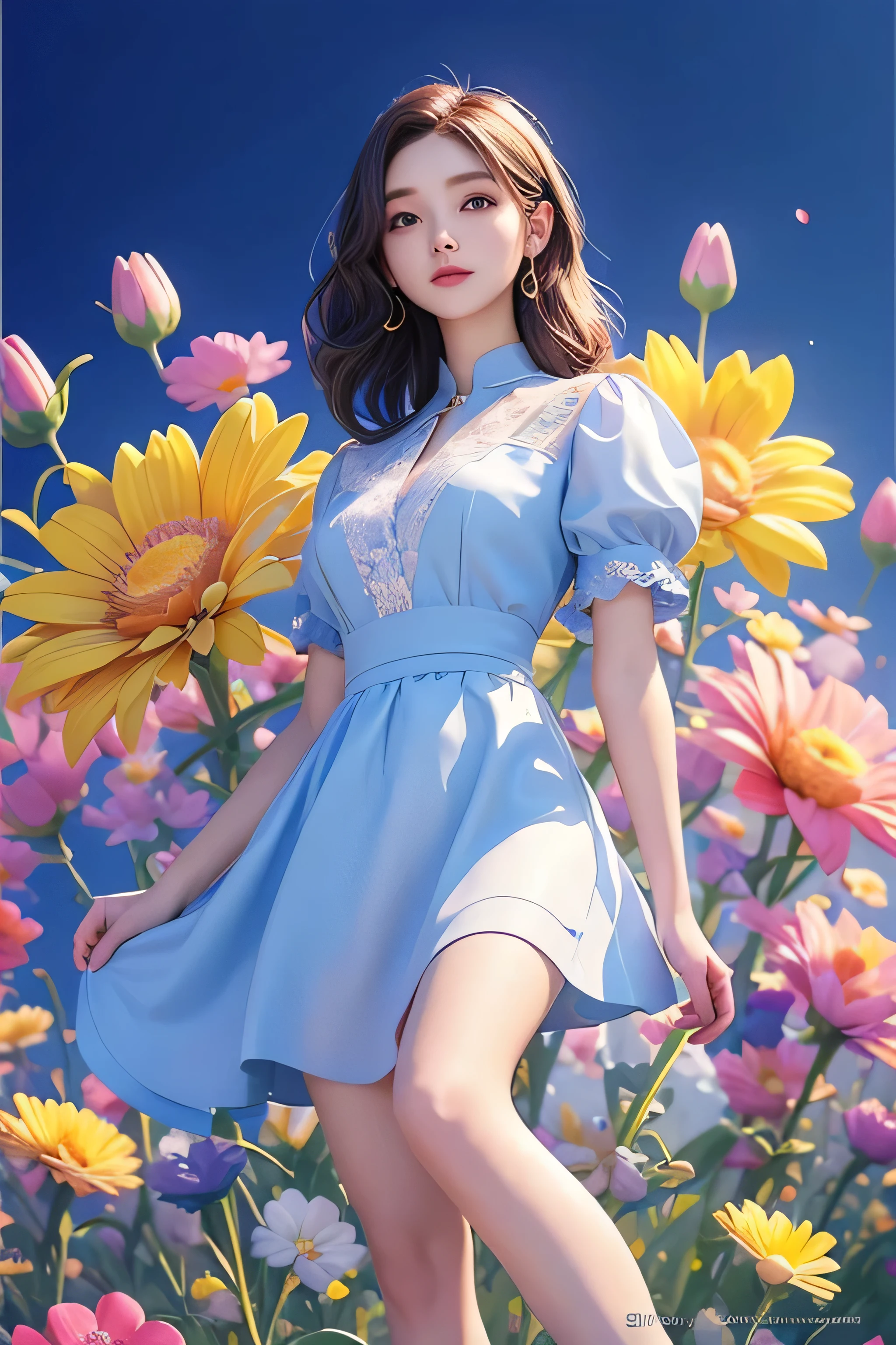 movie 사진 솔로,1 woman,,BJ_Alice,lace-trimmed_skirt,two tone_legwear, Neat short sleeve dress, flat chest,(colored hair:0.1),beauty stands on flowers,The facial details are perfect..,wow, I really like the character details..,trendy portrait,bright colors,clean background,panorama,large aperture,pop mart production,delicate luster,8K gradient translucent glass melt,frosted glass,masterpiece, best quality,, 초realistic,realistic,16,000,high detail,high resolution . 35mm photo, movie, bokeh, professional, 4K, very detailed