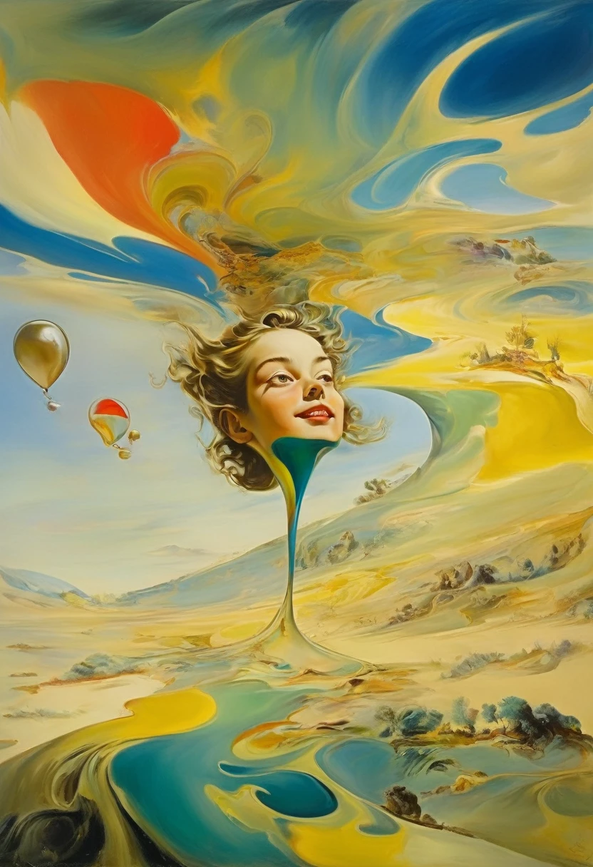 Surrealist painting of a young bad girl, her form distorted and dreamlike, floating in a surreal landscape with a mischievous grin on her face. Rendered in vivid colors and fluid lines by Salvador Dali, the artwork embodies the spirit of childhood rebellion and imagination, creating a dreamlike image of youthful defiance