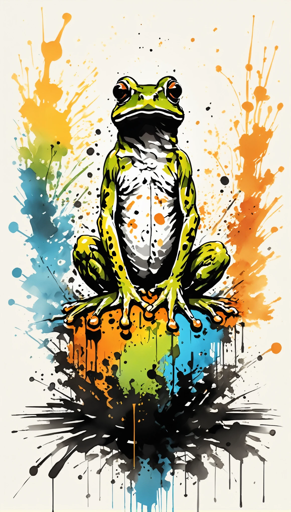 Vector Art, Colorful illustration with lots of frogs, In the center, Vibrant colors，Graffiti Art，ink splatter，rich and colorful，visual impact,Modern aesthetic super detailed,
