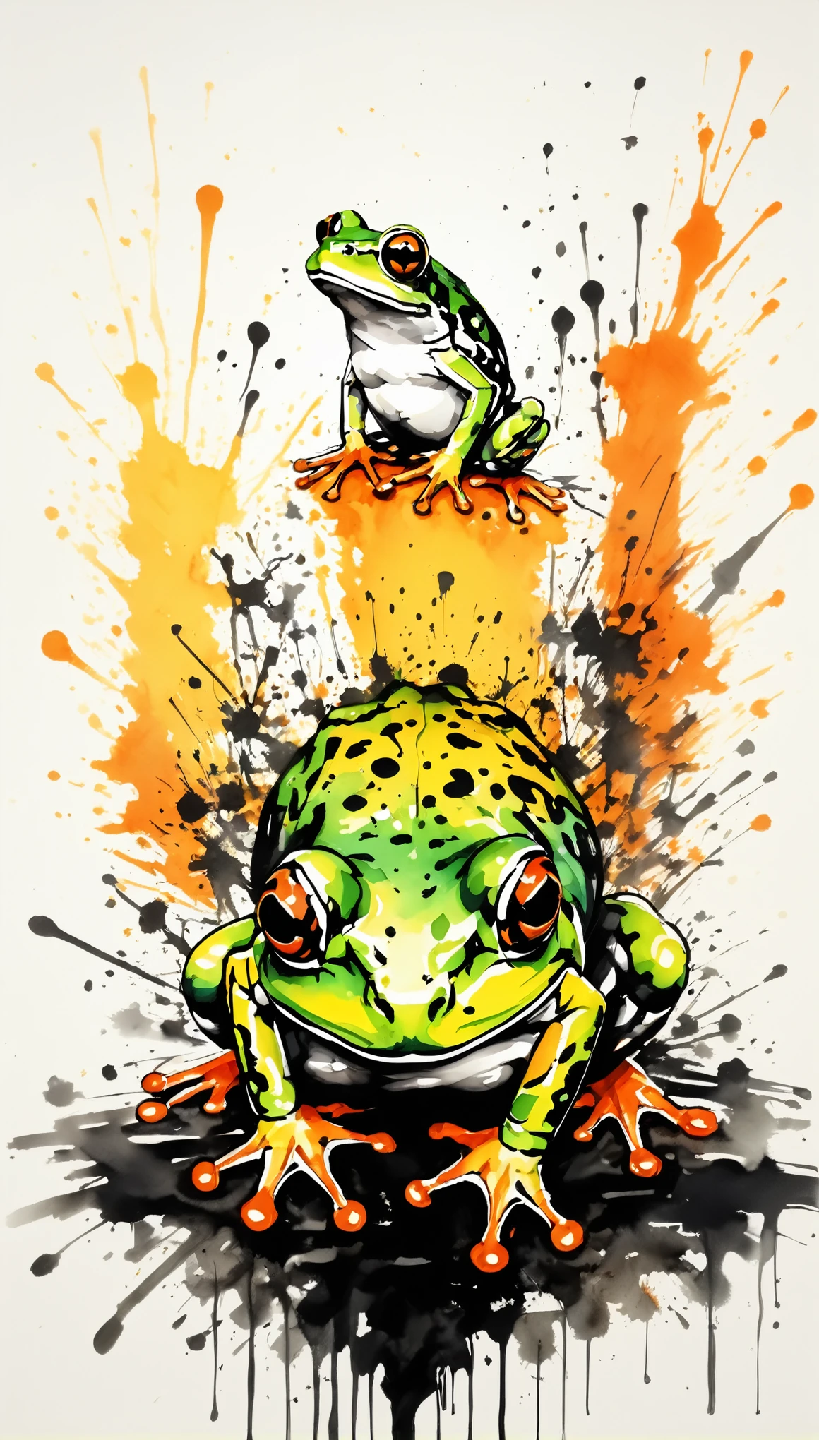 Vector Art, Colorful illustration with lots of frogs, In the center, Vibrant colors，Graffiti Art，ink splatter，rich and colorful，visual impact,Modern aesthetic super detailed,
