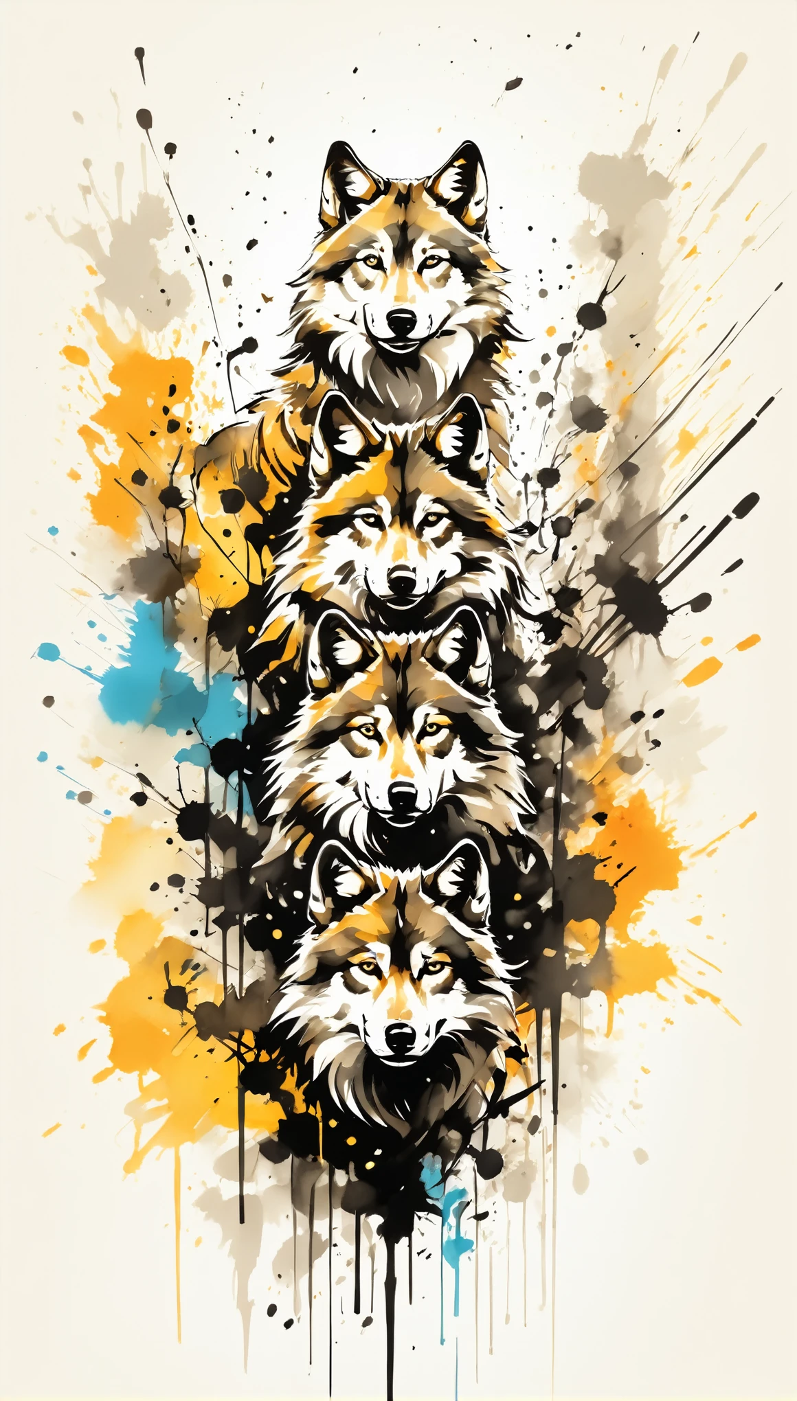 Vector Art, Colorful illustration with many wolves, In the center, Vibrant colors，Graffiti Art，ink splatter，rich and colorful，visual impact,Modern aesthetic super detailed,
