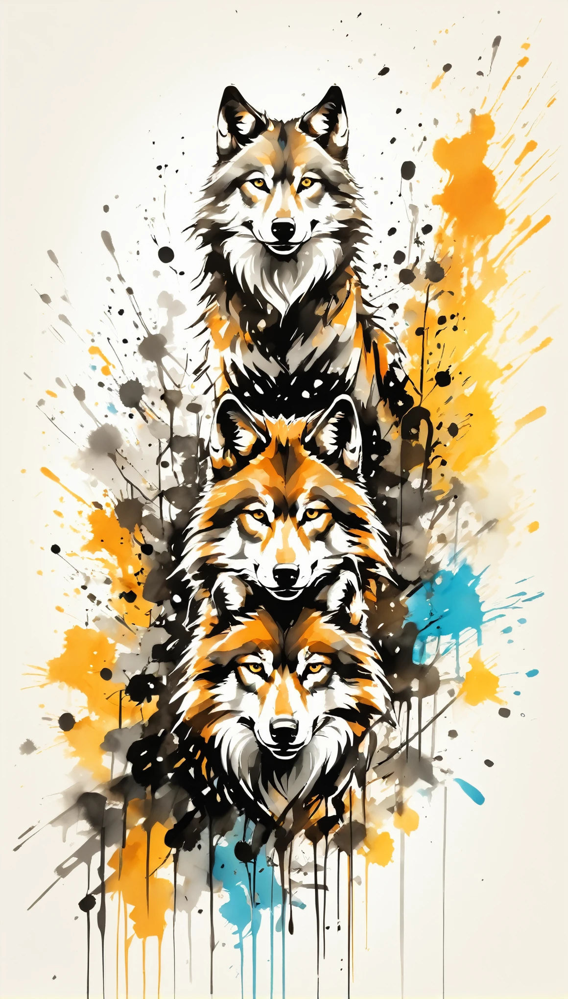 Vector Art, Colorful illustration with many wolves, In the center, Vibrant colors，Graffiti Art，ink splatter，rich and colorful，visual impact,Modern aesthetic super detailed,
