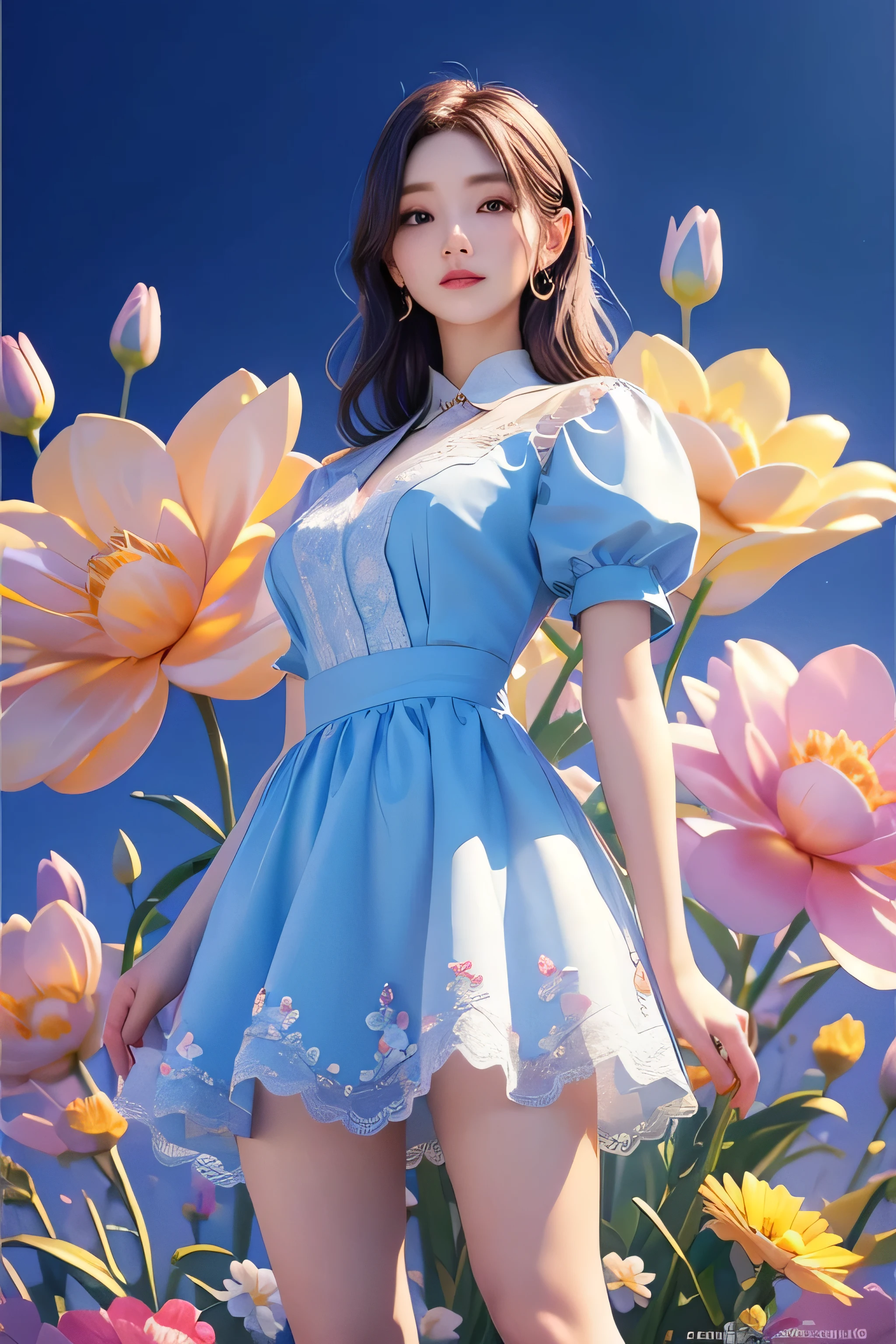 movie 사진 솔로,1 woman,,BJ_Alice,lace-trimmed_skirt,two tone_legwear, Neat short sleeve dress, flat chest,(colored hair:0.1),beauty stands on flowers,The facial details are perfect..,wow, I really like the character details..,trendy portrait,bright colors,clean background,panorama,large aperture,pop mart production,delicate luster,8K gradient translucent glass melt,frosted glass,masterpiece, best quality,, 초realistic,realistic,16,000,high detail,high resolution . 35mm photo, movie, bokeh, professional, 4K, very detailed