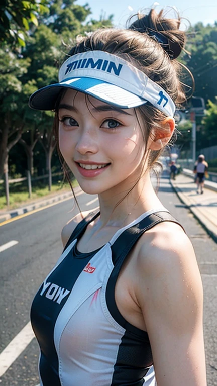 highest quality, masterpiece, Ultra-high resolution, (Realistic:1.4),Cloudy weather, RAW Photos, 1 girl,20-year-old,((Yokohama Triathlon)),((Transitioning to road bikes)),((Please look up)),,((Triathlon Championships)),Hair Bun,((Sun visor)),((Hair Bun)),((Realistic,)),((Big smile))、Exposed thighs、Looking back