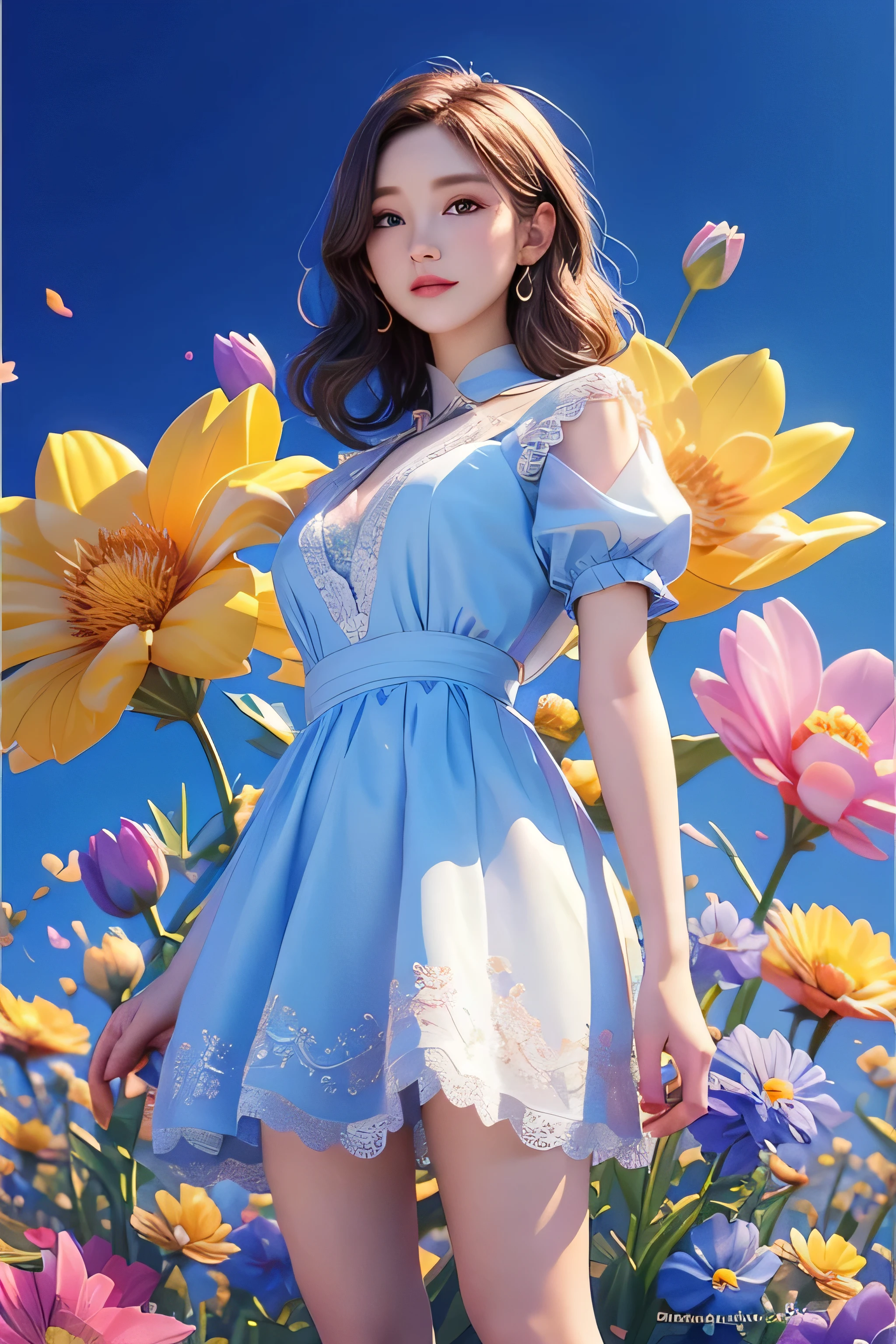 movie 사진 솔로,1 woman,,BJ_Alice,lace-trimmed_skirt,two tone_legwear, Neat short sleeve dress, flat chest,(colored hair:0.1),beauty stands on flowers,The facial details are perfect..,wow, I really like the character details..,trendy portrait,bright colors,clean background,panorama,large aperture,pop mart production,delicate luster,8K gradient translucent glass melt,frosted glass,masterpiece, best quality,, 초realistic,realistic,16,000,high detail,high resolution . 35mm photo, movie, bokeh, professional, 4K, very detailed