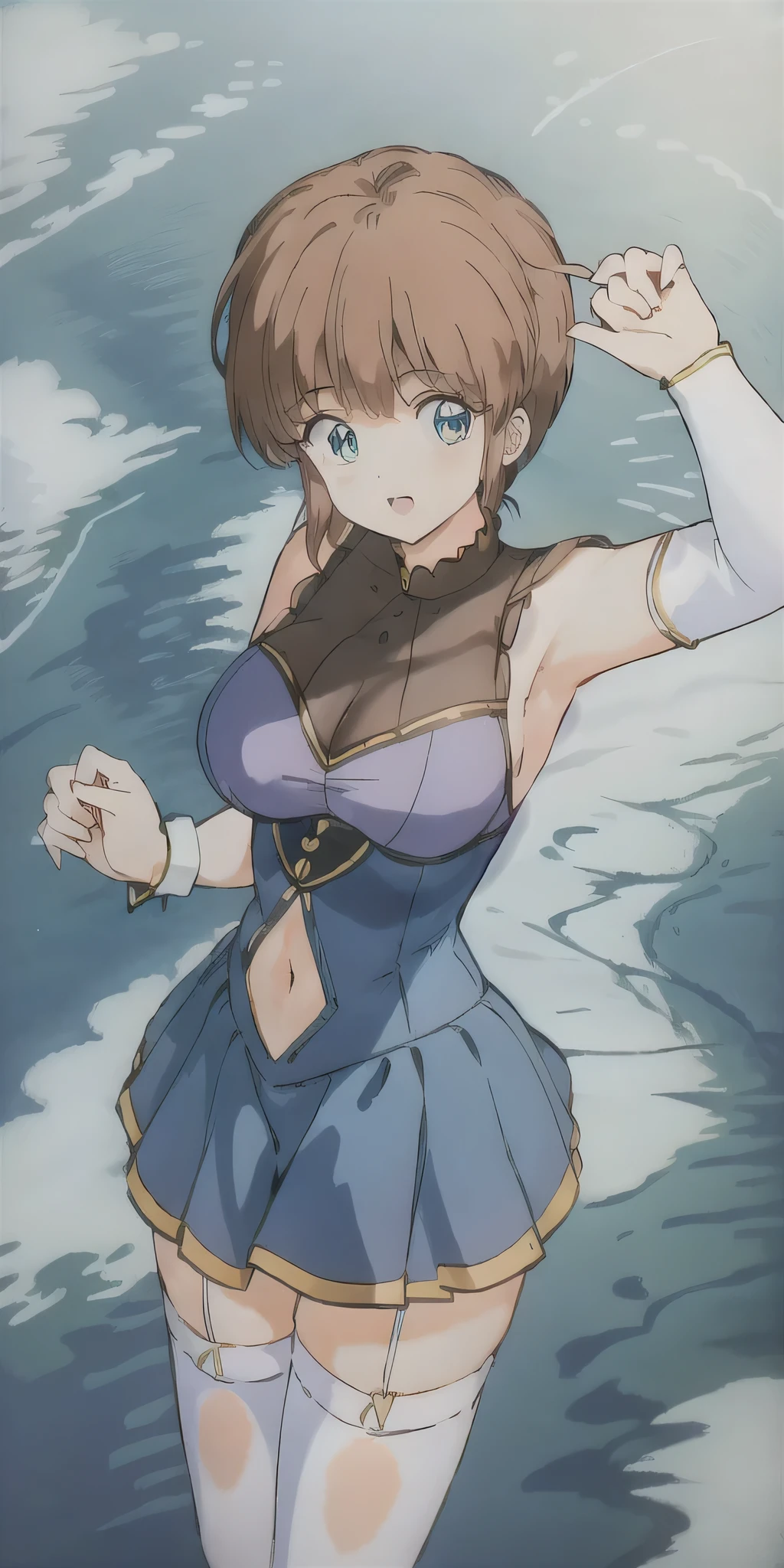 Hiyama_Hikaru, huge_breasts, standing, solo, Blue_leotard_Yellow_microskirt_White_elbow_gloves_White_thighhighs_Garter_straps_Bracelet_Feathered_wings_Navel_cutout, masterpiece, best quality, detailed face, detailed eyes, highres,