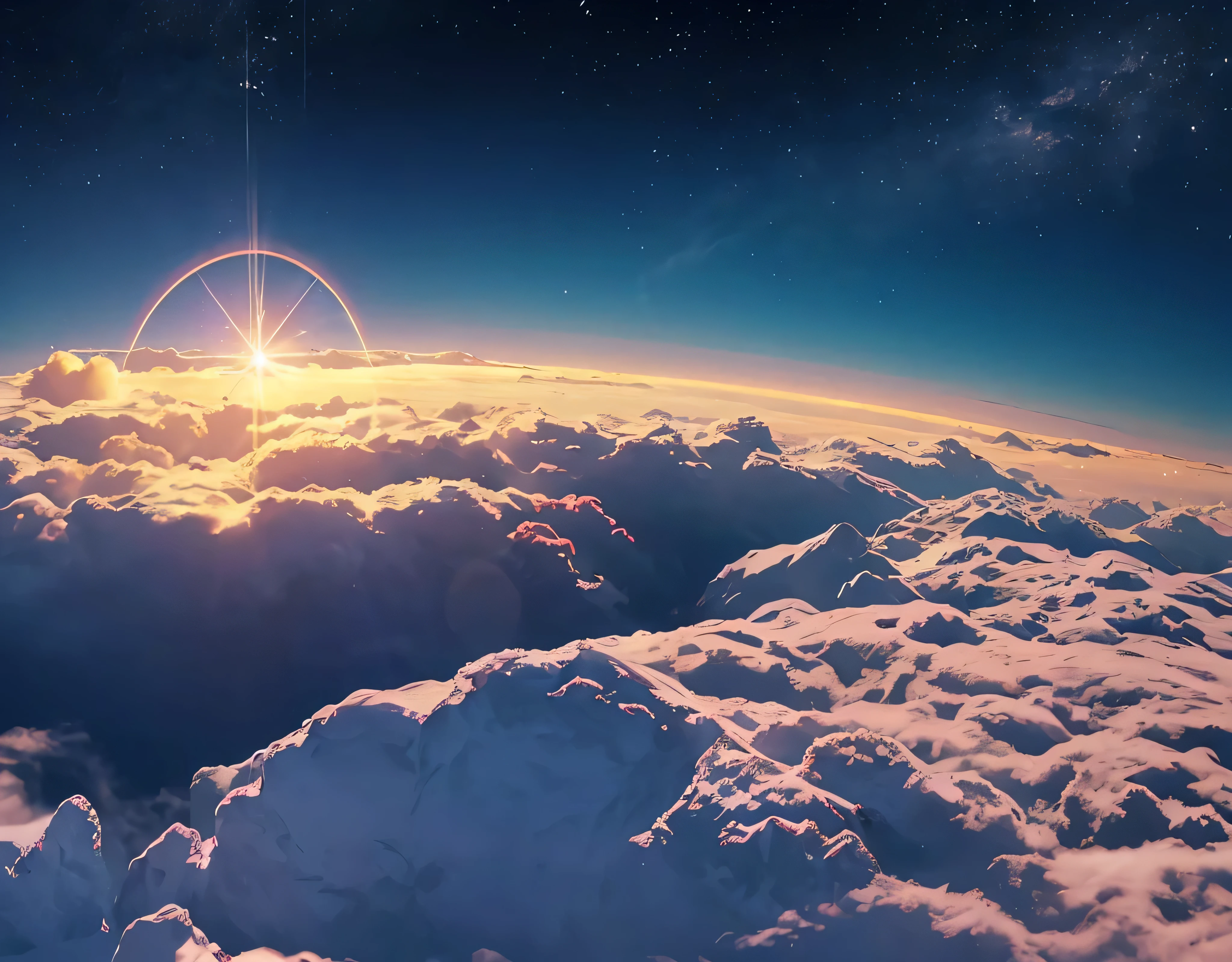 A single photo、The summit of god、god々Shining golden god、The God of Gods located at an altitude of 10,523m、A rainbow-colored halo appears around the sun!!、A fantastic view of the stars、The wind is blowing so hard that it&#39;s sending up heavy snow smoke.、((Diamond dust flutters:1.4)).Diamond dust sparkles、Rugged Mountain々、Mountain々The light reflected on the lake surface between、Seven photos with beautiful contrasts of light、Magnificent sea of clouds、wood々、The mountain was covered with snow々、sunny、Lots of lens flares、The morning sun shines brightly、The morning sun shines brightly、(Ultra-realistic:1.2), High resolution, (Bright colors, High resolution:1.1), (Sharp focus:1.1), (Physically Based Rendering:1.1), Tyndall effect, Colorful lights, (((Light shines through the gaps in the clouds))), Beautiful perspective, Contrasting Shadows, Moving configuration, Realistic landscape, unique configuration, Soft texture, Intricate details, godMysterious atmosphere, An artistic exploration of light and shadow,Golden dazzling light、A world view that captivates all who see it、Fantasy World、Mountain close to space々Altitude 8253m 、god area、