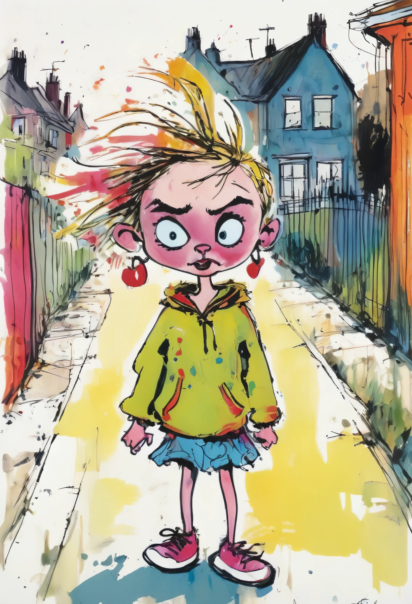 Illustration of a young bad girl, her eyes sparkling with mischief, clutching a slingshot in her small hand, standing against a backdrop of a suburban neighborhood. Rendered in vibrant colors and bold lines by artist Quentin Blake, the artwork captures the spirit of youthful rebellion and innocence, creating a charming image of childhood defiance