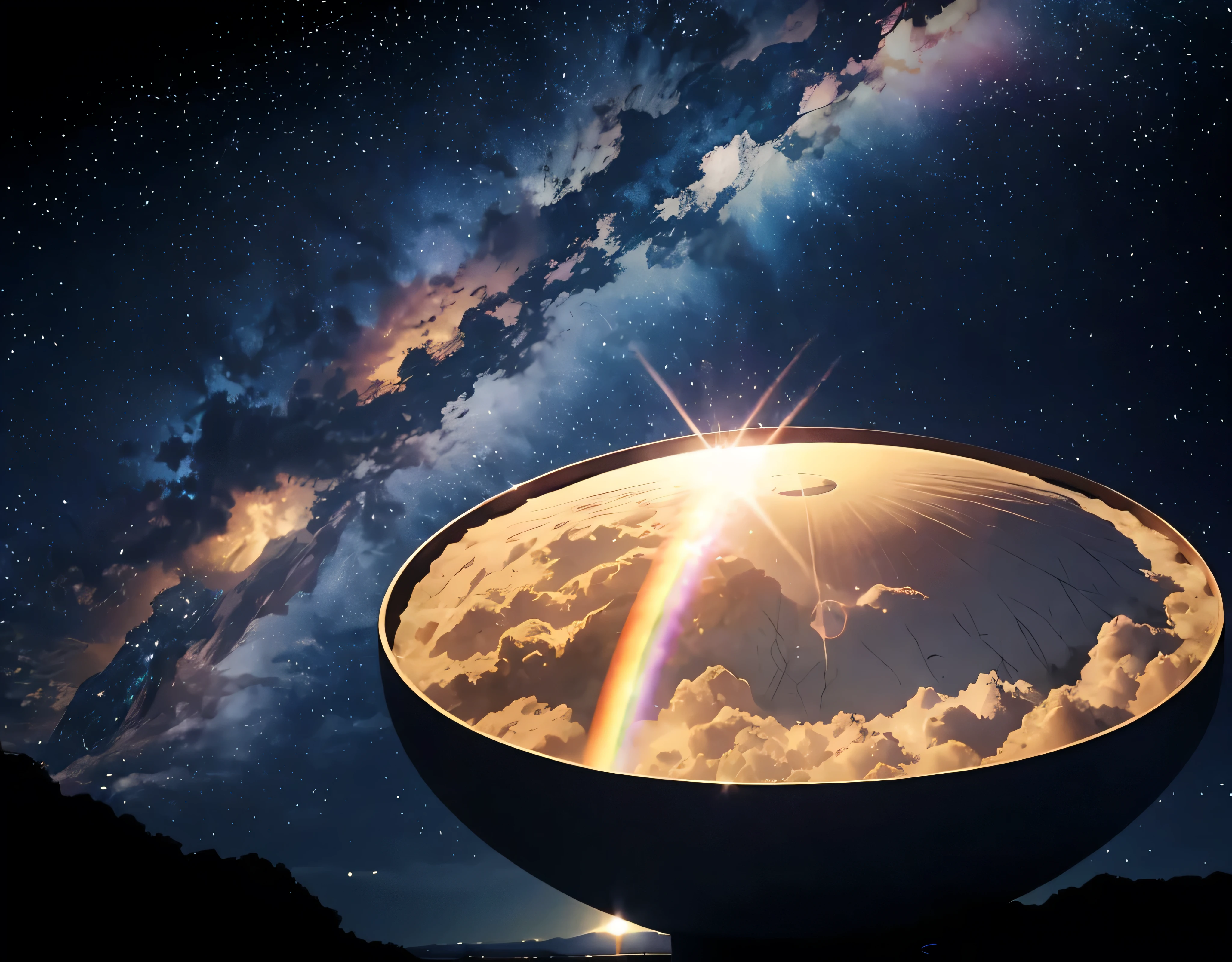 A single photo、The summit of god、god々Shining golden god、The God of Gods located at an altitude of 10,523m、A rainbow-colored halo appears around the sun!!、A fantastic view of the stars、The wind is blowing so hard that it&#39;s sending up heavy snow smoke.、((Diamond dust flutters:1.4)).Diamond dust sparkles、Rugged Mountain々、Mountain々The light reflected on the lake surface between、Seven photos with beautiful contrasts of light、Magnificent sea of clouds、wood々、The mountain was covered with snow々、sunny、Lots of lens flares、The morning sun shines brightly、The morning sun shines brightly、(Ultra-realistic:1.2), High resolution, (Bright colors, High resolution:1.1), (Sharp focus:1.1), (Physically Based Rendering:1.1), Tyndall effect, Colorful lights, (((Light shines through the gaps in the clouds))), Beautiful perspective, Contrasting Shadows, Moving configuration, Realistic landscape, unique configuration, Soft texture, Intricate details, godMysterious atmosphere, An artistic exploration of light and shadow,Golden dazzling light、A world view that captivates all who see it、Fantasy World、Mountain close to space々Altitude 8253m 、god area、