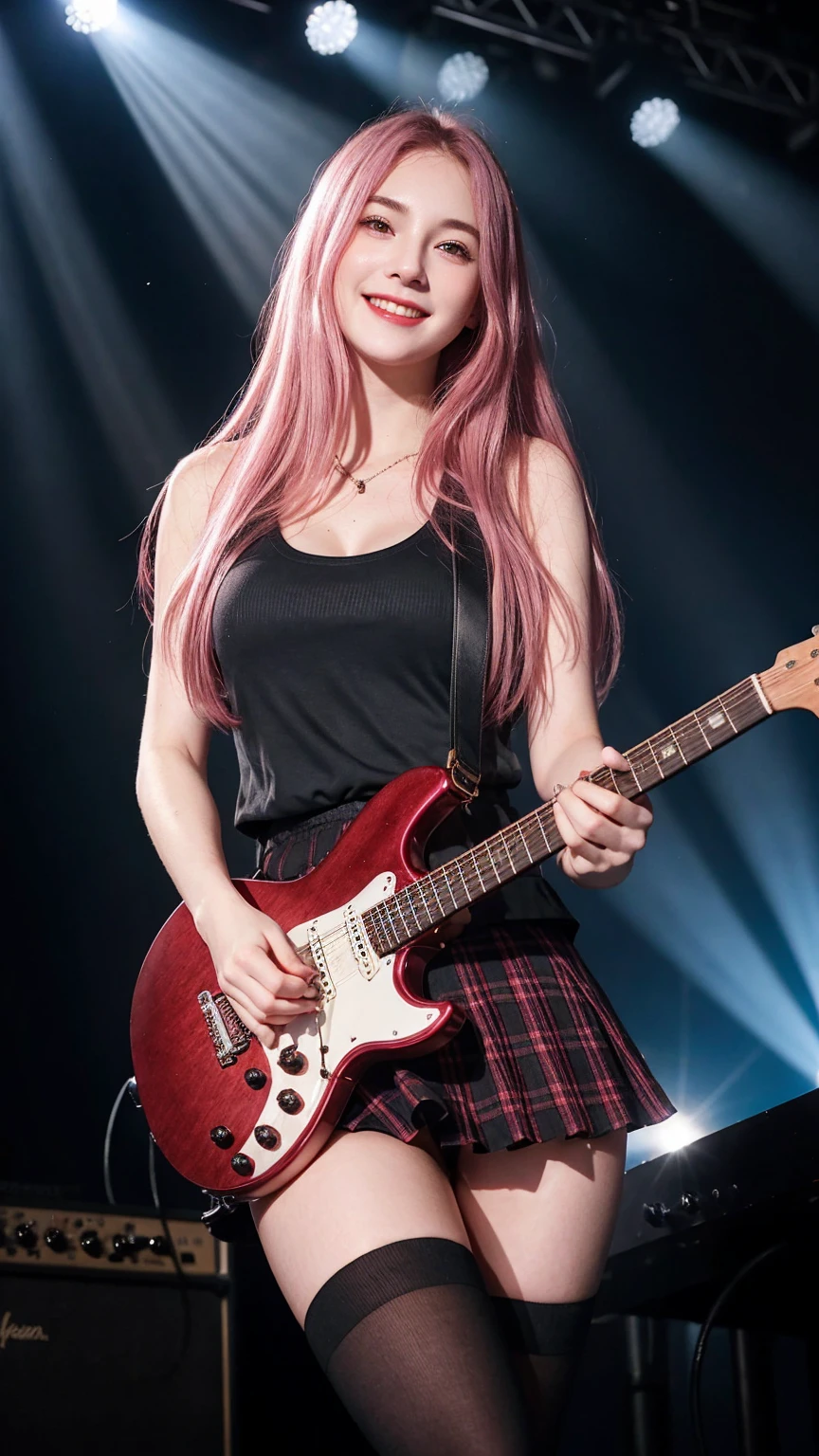 ((best quality)), photorealistic, photorealism, Photorealistic, high resolution, school girl blazer、 black t shirt、Red checked knee-length skirt、Long skirt、JK Style、Jacket、smile、Knee-high socks、Thigh-high socks、pantyhose、A superb beauty、Super cute、ennui、Rare beauty、long hair、Black Dark Eyeshadow、Sad、white skin、pale skin, long hair straightener、Dark Gothic Makeup、Cute Smile、Fragrant beauty、Stained glass background、Mastepiece、Best Quality、Refers to 5 books、Sweat glistening on my chest、Sweat glistening on my face、Medium breasts、Pink hair、Age 20 years old、Mysterious look、A sad expression、Pink Hair、mysterious gothic church、enchanting castle、Sweating profusely all over the body、A lot of sweat and light on the thighs、Shiny thighs、Plenty of sweat glistening on the thighs、A large amount of sweat glistens on my thighs、Sweating profusely、Gal、Medium breasts、beautiful face、Alluring expression、Thin thighs、Playing electric guitar、I have an electric guitar、Sing a song enthusiastically、Playing guitar in a band、Playing guitar chords、Live House Background、Sing a song、Open your mouth、Live house scenery、Mike stand、Glamorous live stage、Dynamic Angle、cinematic lighting