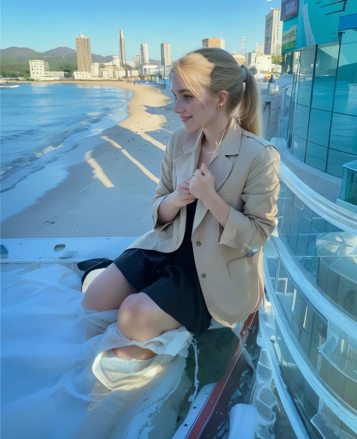 uma mulher, americana, 25 anos, pale skin and freckles, olhos cinzas, nariz delicado, soft and delicate lips, longo, cabelo blondie ponytail , sorriso meigo, face with delicate feminine facial features, altamente renderizado