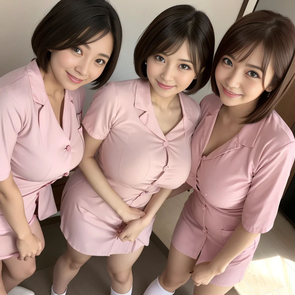 (Two women)、(Looking at me with a smile)、(Big Breasts)、Angle from below、(Nobody background)、(whole body)、Showing her side、forward leaning posture、Short Hair、(Tight pink nurse uniform with buttons)