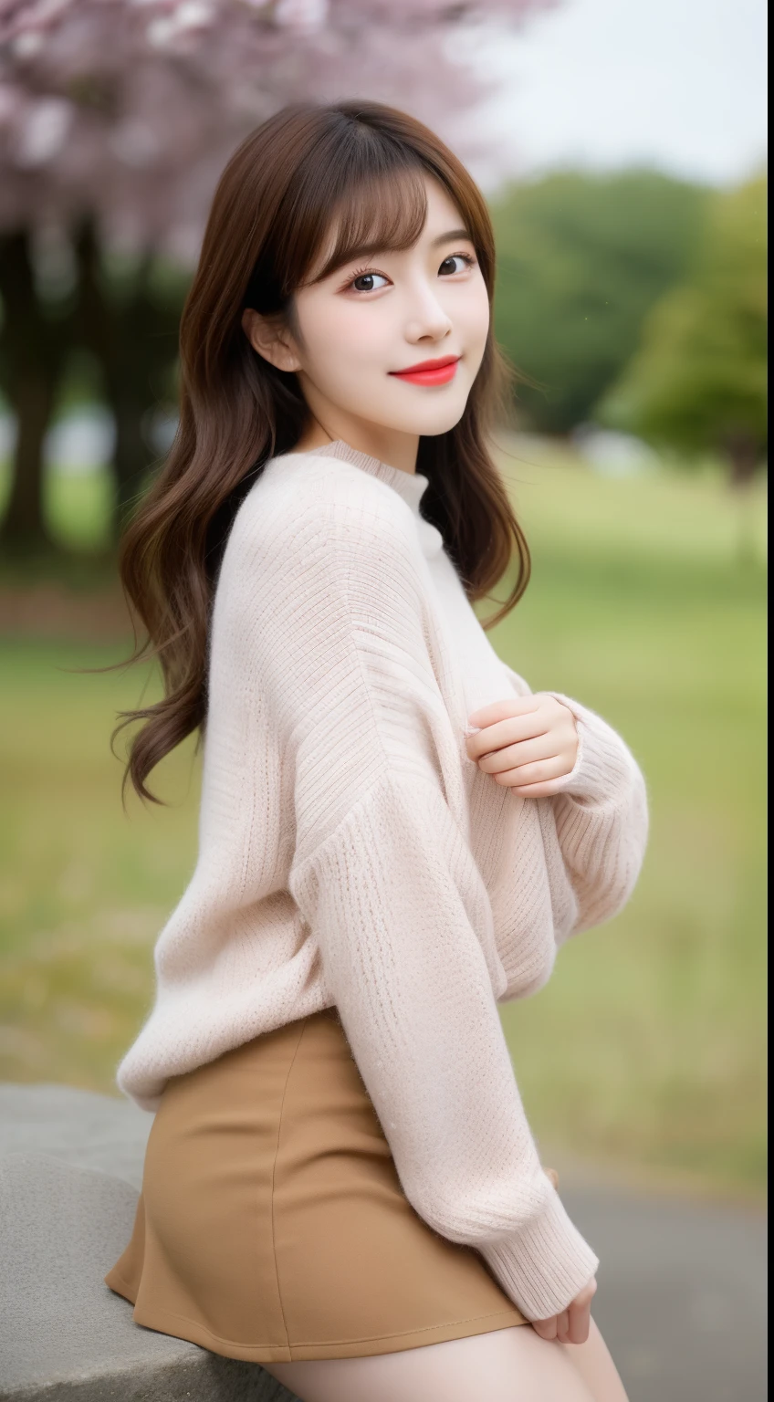 Ulzzang-6500-v1.1,(masterpiece, highest quality:1.3),(Tabletop:1.3), High resolution, Very detailed, Very detailed,8k wallpaper, Realistic, Photorealistic, RAW Photos, Break Solo、Japanese women, 20-year-old、Beautiful Face,cute, Beautiful and elaborate face, Open your mouth slightly and smile, Detailed eye depiction, White skin, Realistic glitter skin, (Brown Hair、Long Hair,Detailed hair texture, With bangs),light makeup, looking at the camera,Medium chest, Acura, Anatomically correct, Very detailed顔と肌の質感, Natural neck length, Wool sweater、Tight sweater,High-quality fabric,mini skirt、Cherry tree,Harajuku,Selfie