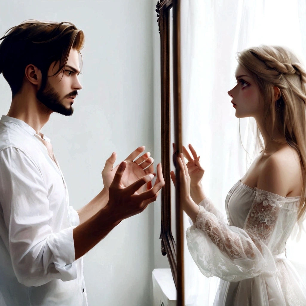 araffed woman in a white dress looking at a man in a white shirt, looking at each other mindlessly, looking into a mirror, looking in mirror, looking in the mirror, looking in a mirror, angry at mirror, standing in front of a mirror, facing each other, with a mirror, man and woman, mirroring, jovana rikalo
