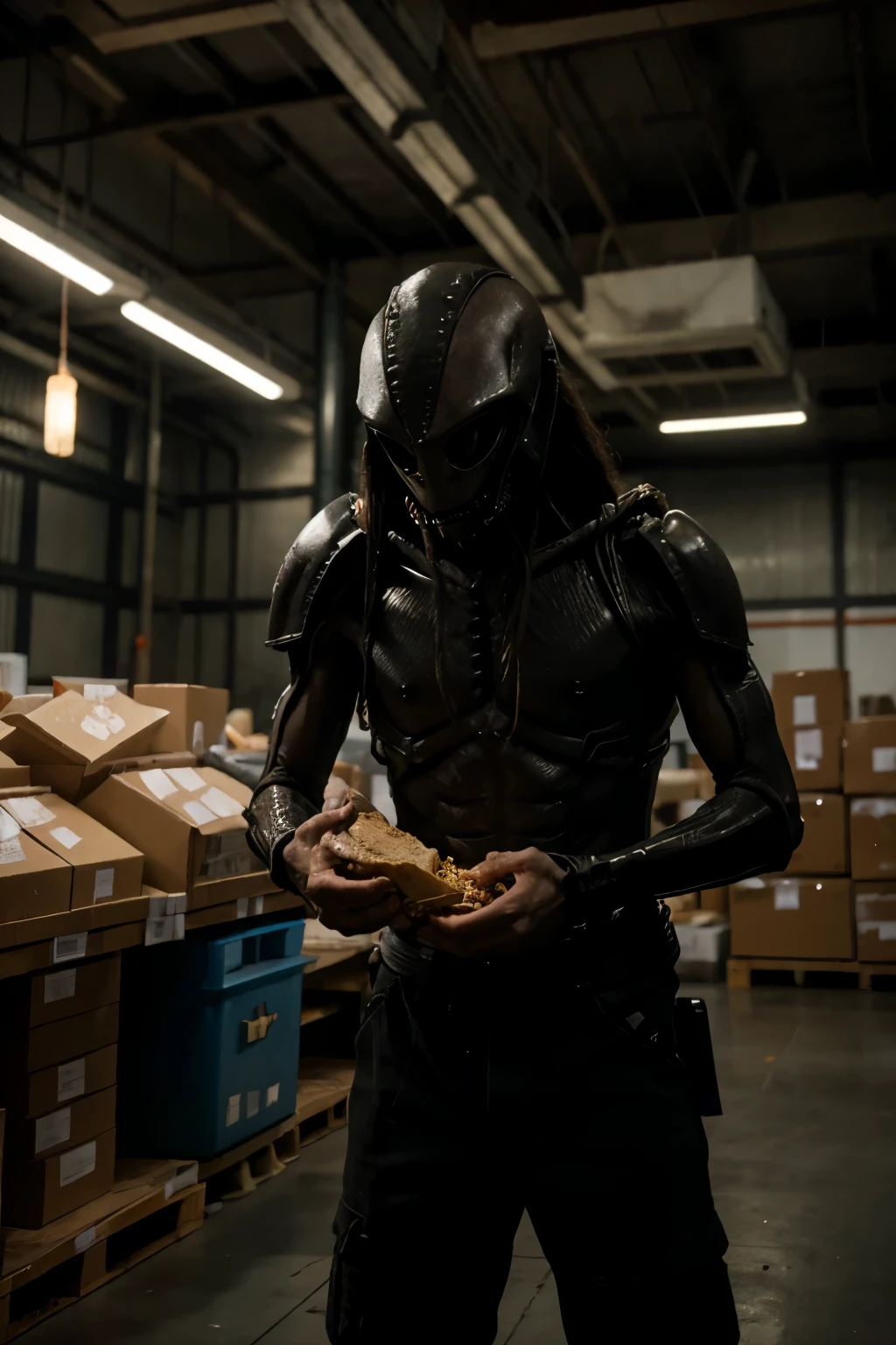 Alien from anien vs predator in a dark flickering hone depot asle ripping a small person in half while eating his arm