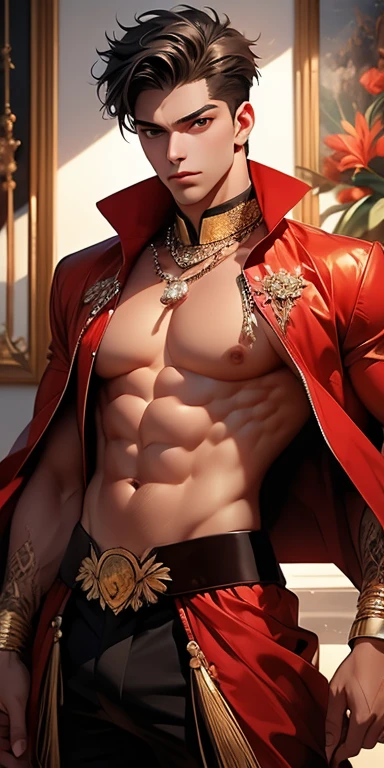 masterpiece, ((masterpiece)), Best quality, complex parts, expressive eyes, perfect face, detailed face, Highly detailed and fine figurine, ultra-realistic, detailed body, detailed pectoral muscles, ((Male focus)), detailed muscles, convex, не носить топы A handsome boy, , athletic build, ideal body, aesthetically beautiful, erotically tempting, seducing, offering himself With a beautiful sexy tango panti With round perfect buttocks, muscular, sweaty after a workout, In a Venetian mask with peacock and bird of paradise feathers, In White, red and gold colors, diamond chips all over the body