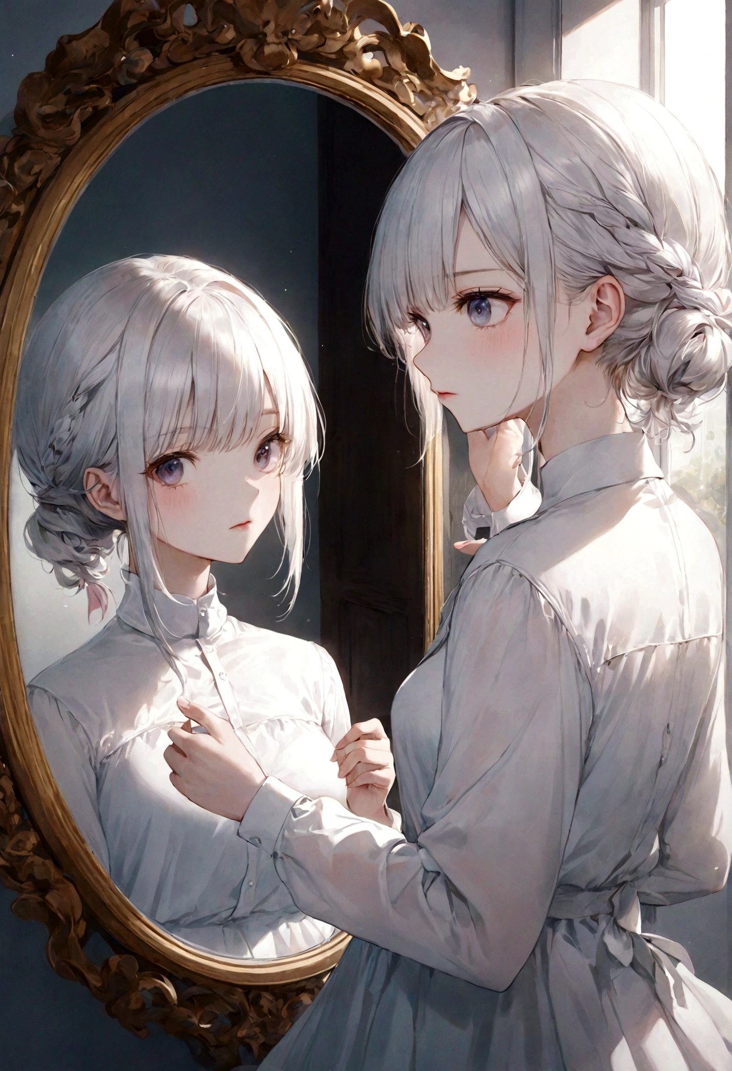 (masterpiece)、(Highest quality:1.1)、(Ultra HD:1.1)、Look at the man in the white shirt、Looking at each other innocently、mirrorを見て、mirrorを見て、mirrorに腹を立てて、mirrorの前に立ち、Facing each other、mirrorで、men and women、mirror、mirror、jovana rikalo