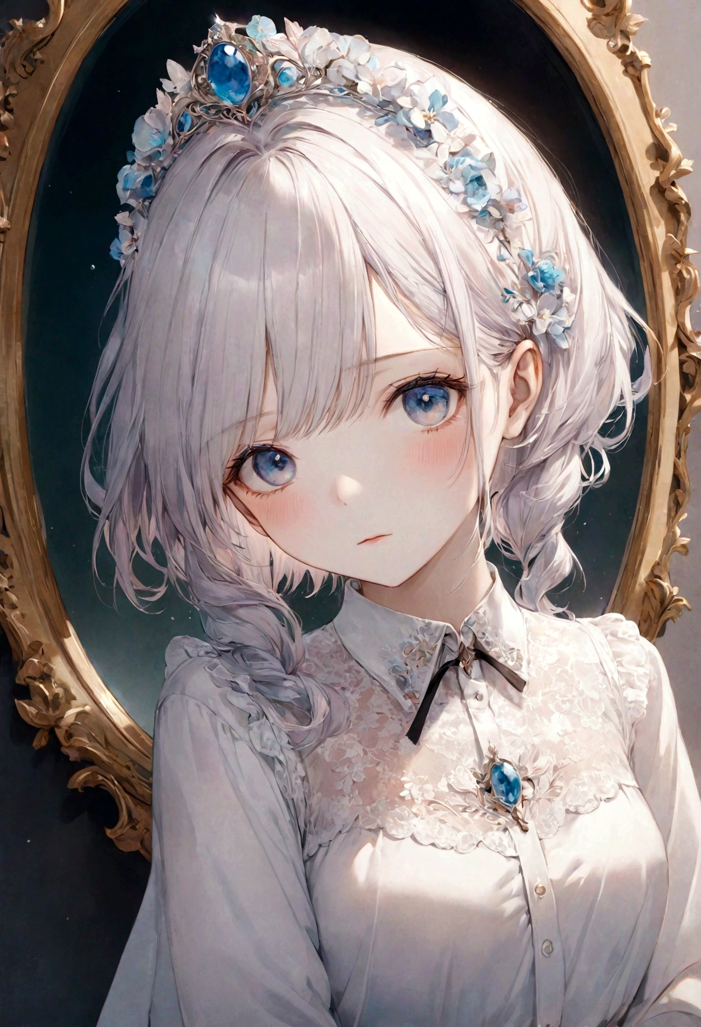 (masterpiece)、(Highest quality:1.1)、(Ultra HD:1.1)、Look at the man in the white shirt、Looking at each other innocently、mirrorを見て、mirrorを見て、mirrorに腹を立てて、mirrorの前に立ち、Facing each other、mirrorで、men and women、mirror、mirror、jovana rikalo