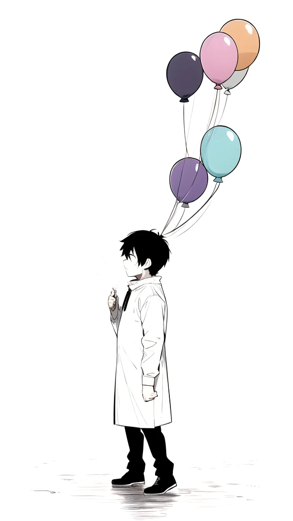 best quality, chibi, Shadow Boy,Black Hair(full body), Pure white background,Vivid,clearly,sad face,rain,snow,Are crying,shout,Man standing on a street corner,profile,Flying balloons