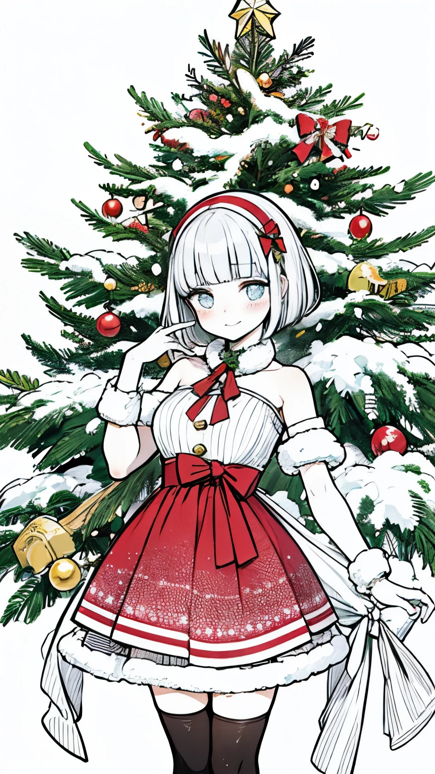 A fascinating two-page spread from the manga., demonstration of Aisaka Kanade on the first page. Her short bob hair, style with center part, frames her sweet face, decorated with blush and bright, sparkling eyes. She puts on a beautiful red Christmas dress., the hem rises slightly, exposing her medium breasts, complementing her perfect anatomy. She has a red bow neatly tied around her neck.., and a red bandage adorns her forehead. The candy cane pattern is subtly woven into her stockings., the whole ensemble perfectly conveys the festive mood against the background of a winter landscape, complete with tall Christmas tree and snow.