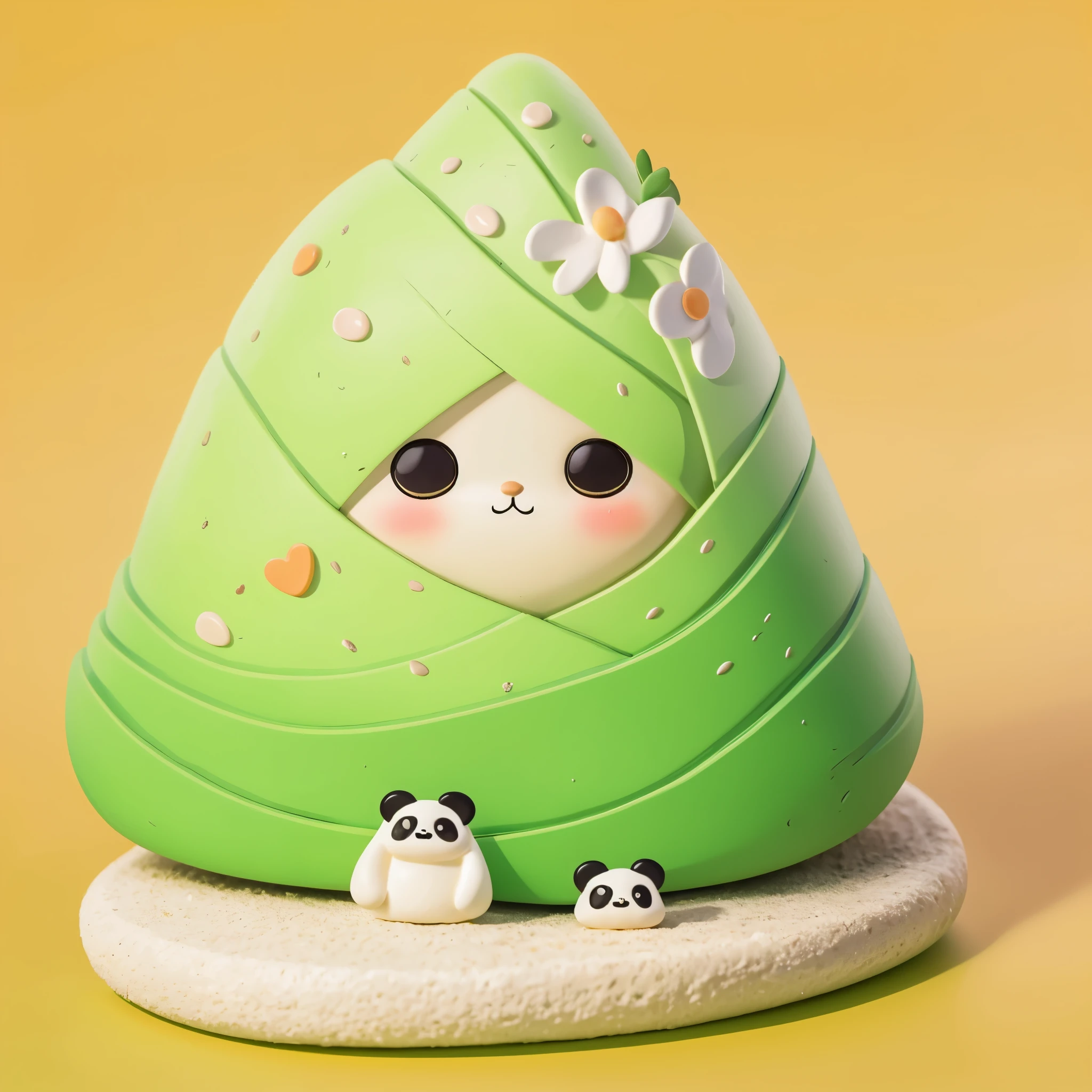 a one KAWAII 3D chibi Zongzi,Blind Box,triangular green rice dumpling, cute expressions,pop matt blind box toy, front view, clean background, natural light, ray tracing, 3d Rendering, C4D, Octane Rendering，A panda-shaped zongzi, made of glutinous rice, has a cute expression, the lower half of the body is wrapped in tapered leaves, the head sticking out of the leaves, equidistant, cartoon-style, Macro Lens, studio light, bold color scheme 