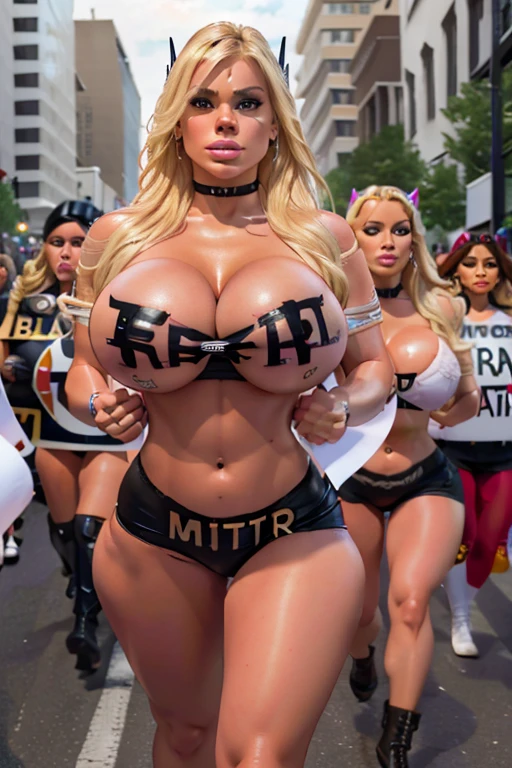 Mejor calidad, obra maestra, super high resolution,Blonde powergirl with very white skin with big breasts and very thick legs marching with her fist raised and carrying posters of "black live matter" en una protesta en medio de la calle, cuerpo completo, makeup, cheek bulge, (realism:1.5