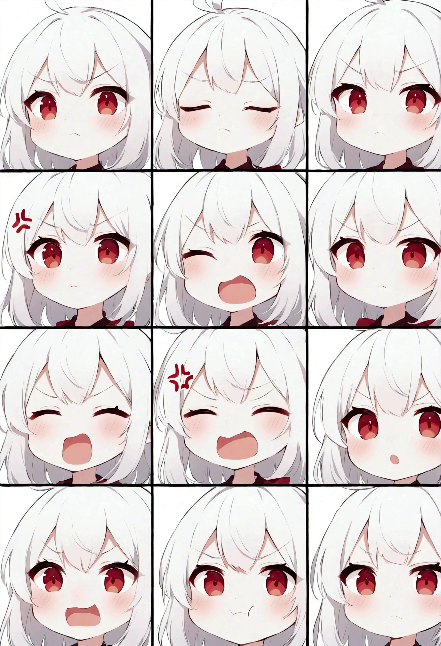 Cute kawaii style anime girl,White hair and red eyes cute style,Comic exaggerated expression,Expressions and movements,Exaggerated movements,hapiness,anger,sad,surprise,hapiness等,Various emotions,White background,Q version,Nine-grid,Nine different expressions